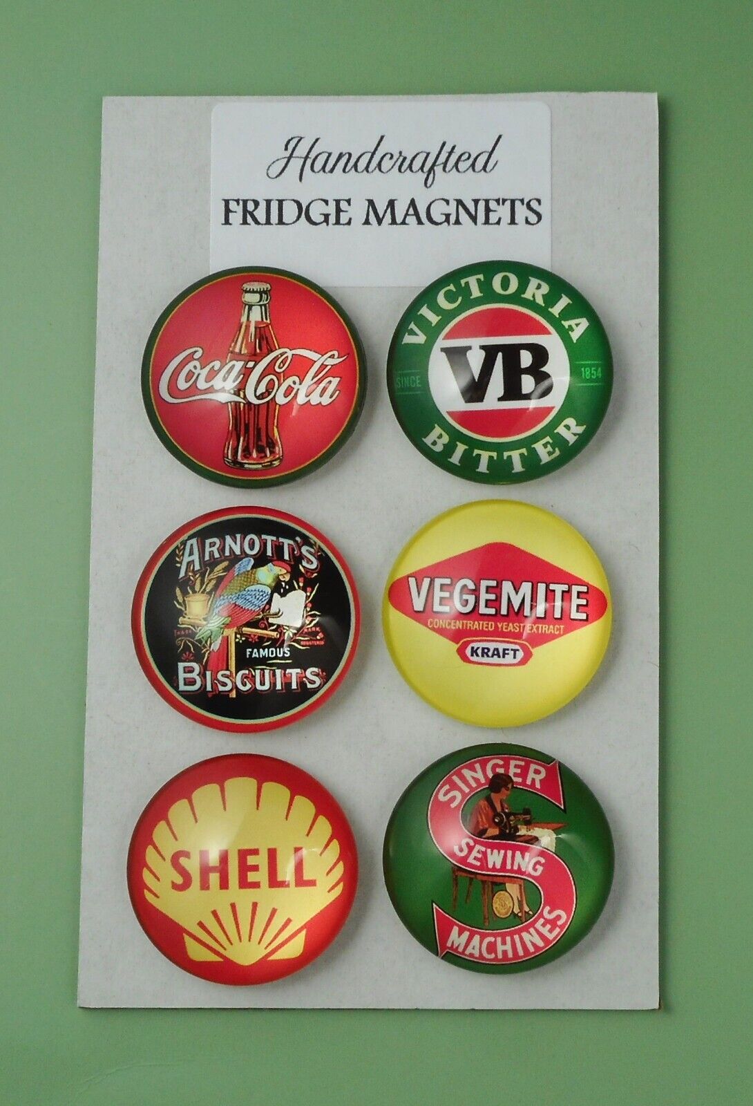 Vintage Adverts Handcrafted Glass Cabochon Fridge Magnets -Set of 6 M001