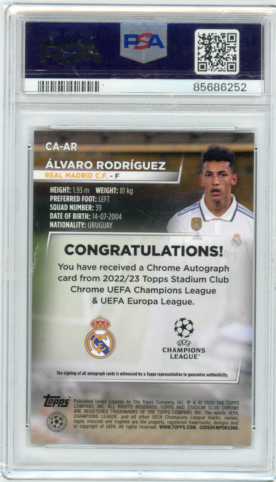 PSA 10 Real Madrid Alvaro Rodriguez // 2022-2023 Chrome Auto