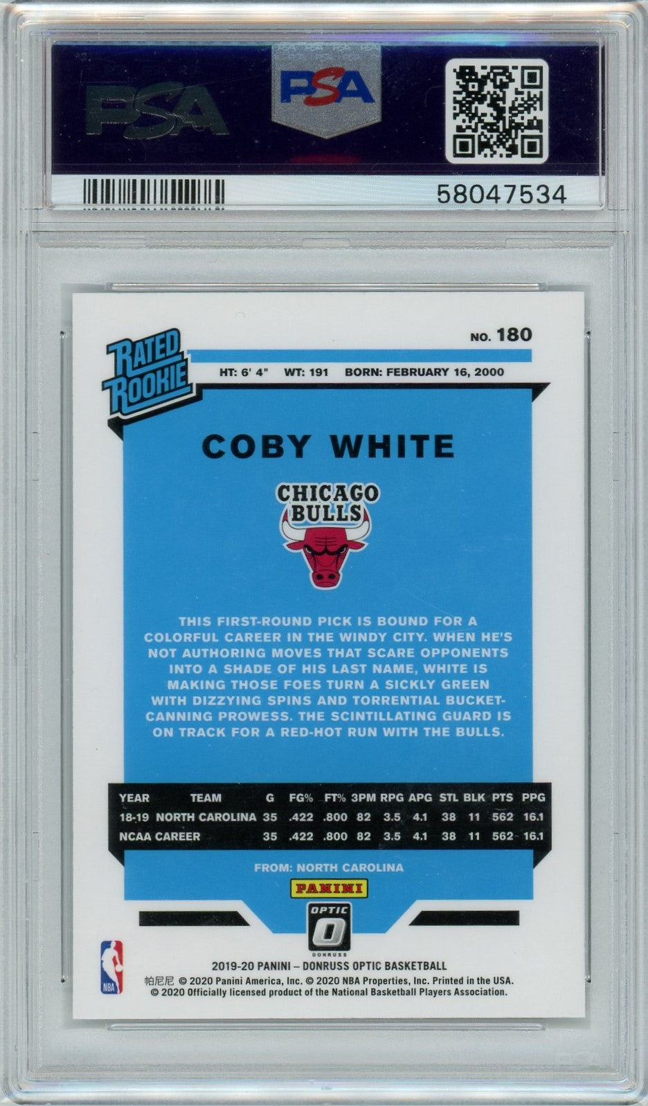 PSA 9 Coby White // 2019 Panini Donruss Optic #180