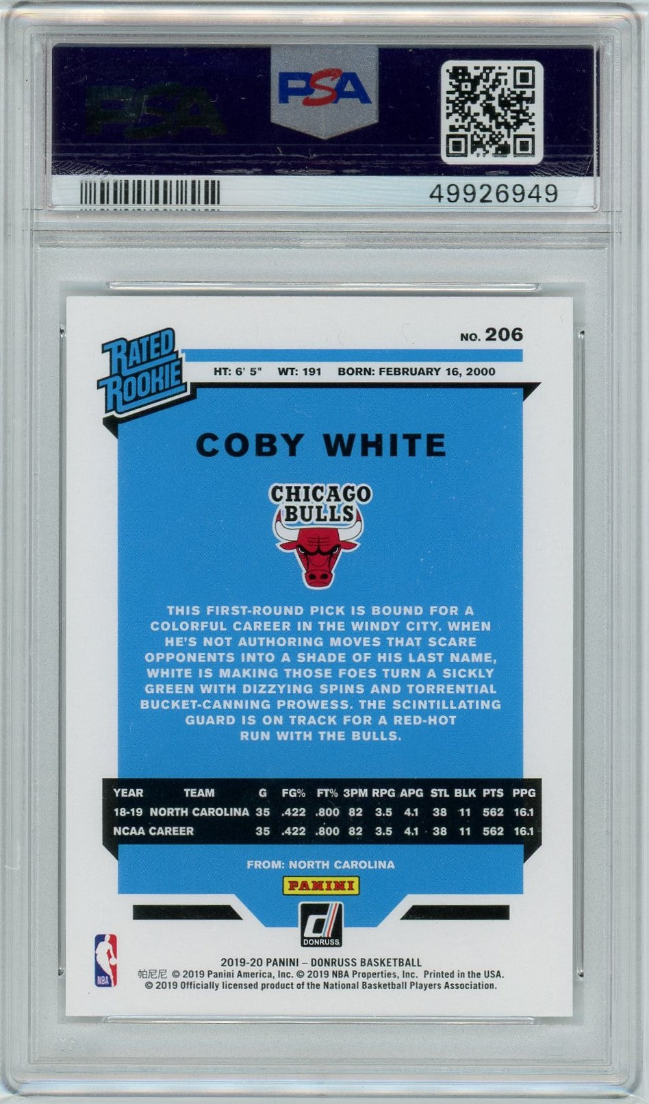PSA 9 Coby White // 2019 Panini Donruss #206