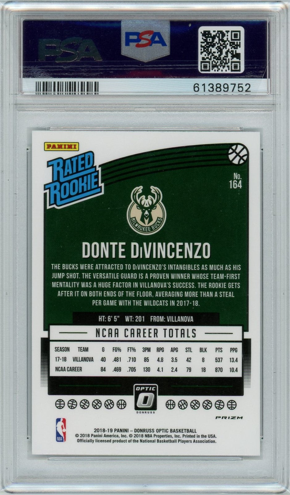 PSA 9 Donte Divencenzo // Shock // 2018 Panini Donruss Optic #164