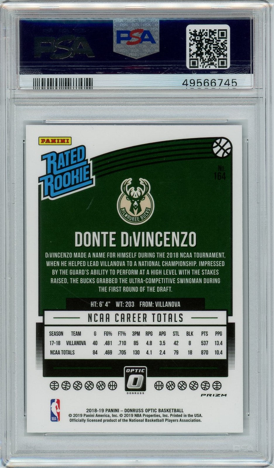 PSA 9 Donte Divencenzo // Purple // 2018 Panini Donruss Optic #164