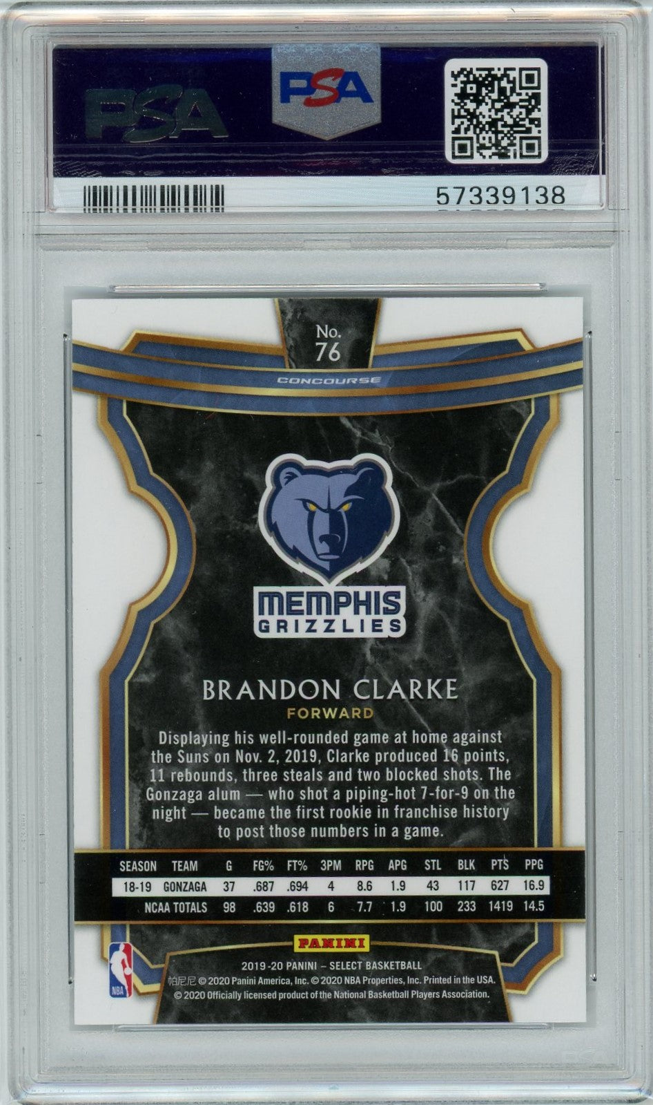 PSA 9 Brandon Clarke // 2019 Panini Select #76