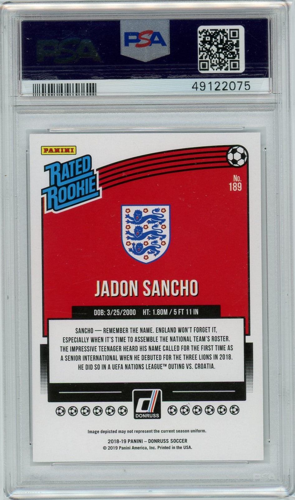 PSA 9 Jadon Sancho // 2018 Panini Donruss #189