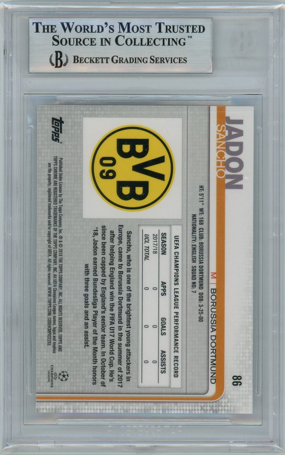 Beckett 9 Jadon Sancho // 2018-19 Topps Chrome // UEFA Champions league #86