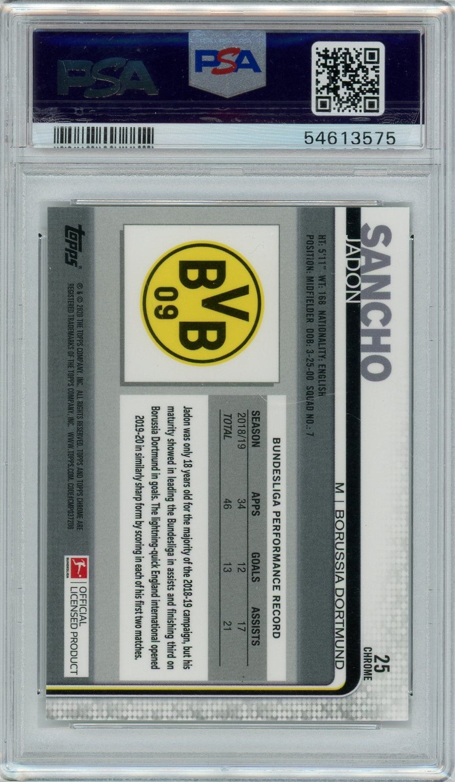 PSA 10 Jadon Sancho // 2019 Topps Chrome Bundesliga #25