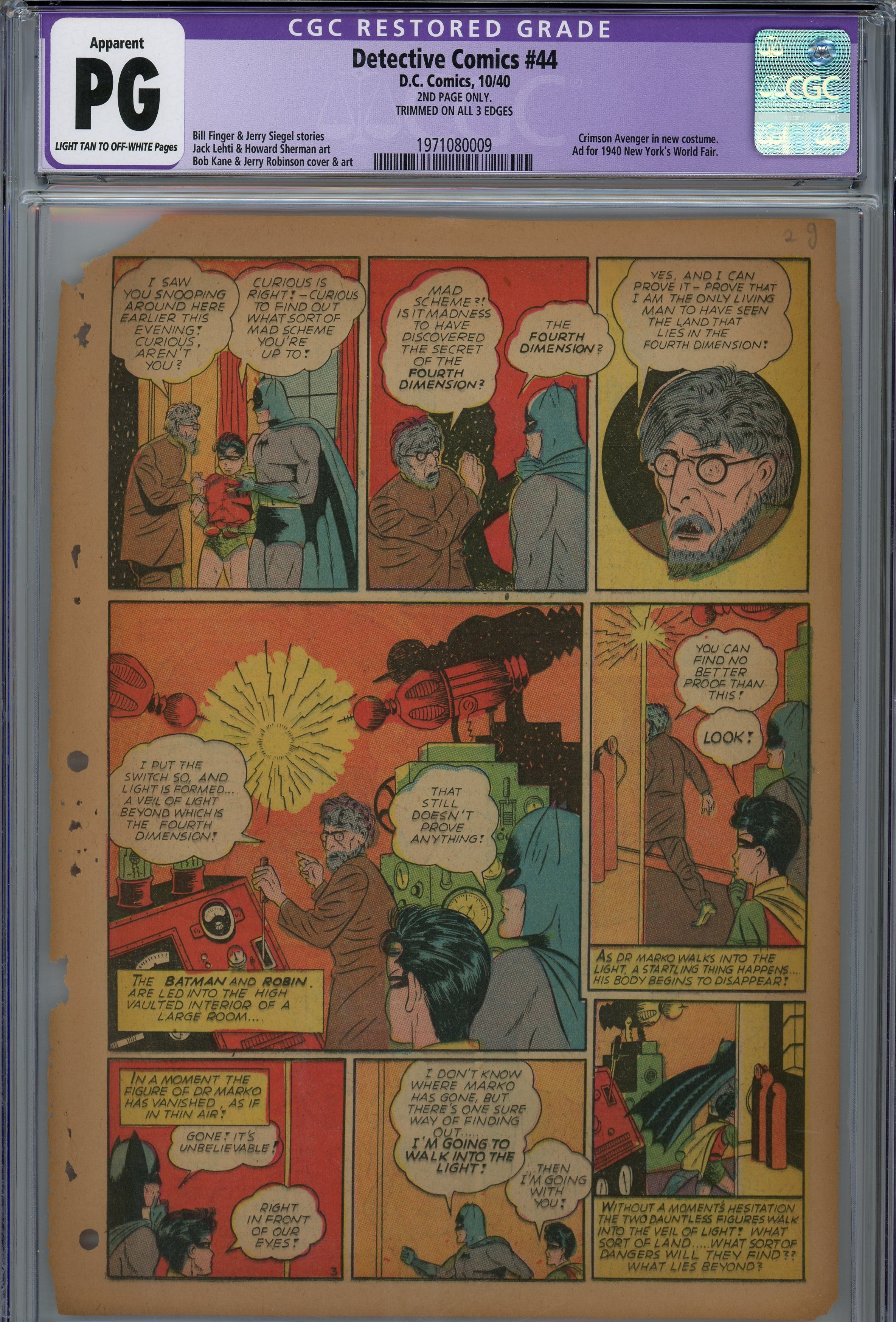 CGC PG 1940 Golden age Batman Detective comics Page 1-7 single pages