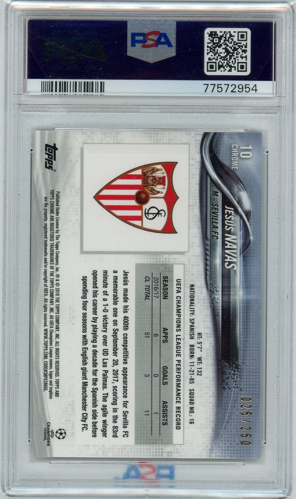 PSA 9 Jesus Navas 25/250 // 2017 Topps Chrome UCL// Purple Refractor #70