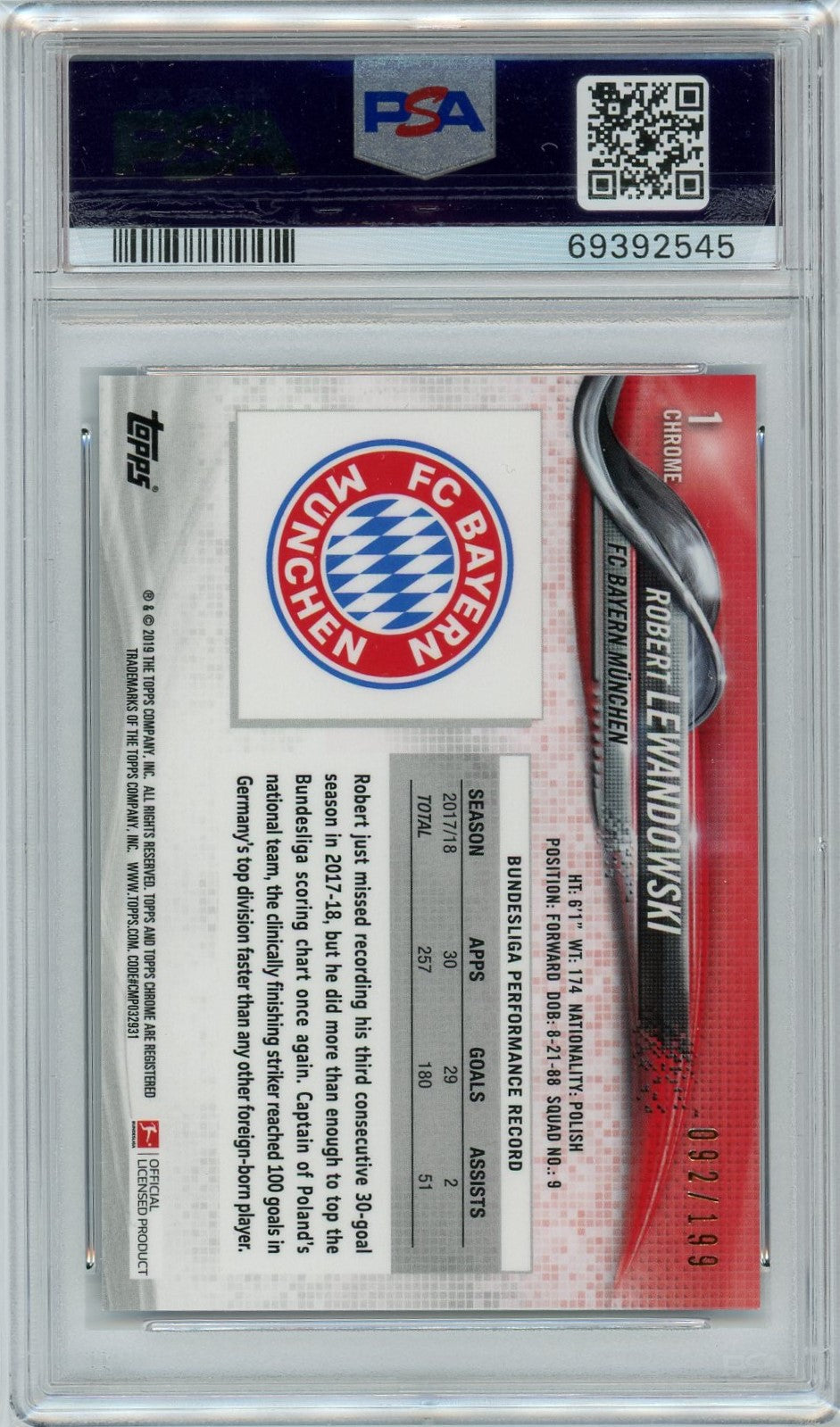 PSA 8 Robert Lewandowski 92/199 // 2018 Topps Chrome Bundesliga// Blue Refractor #70