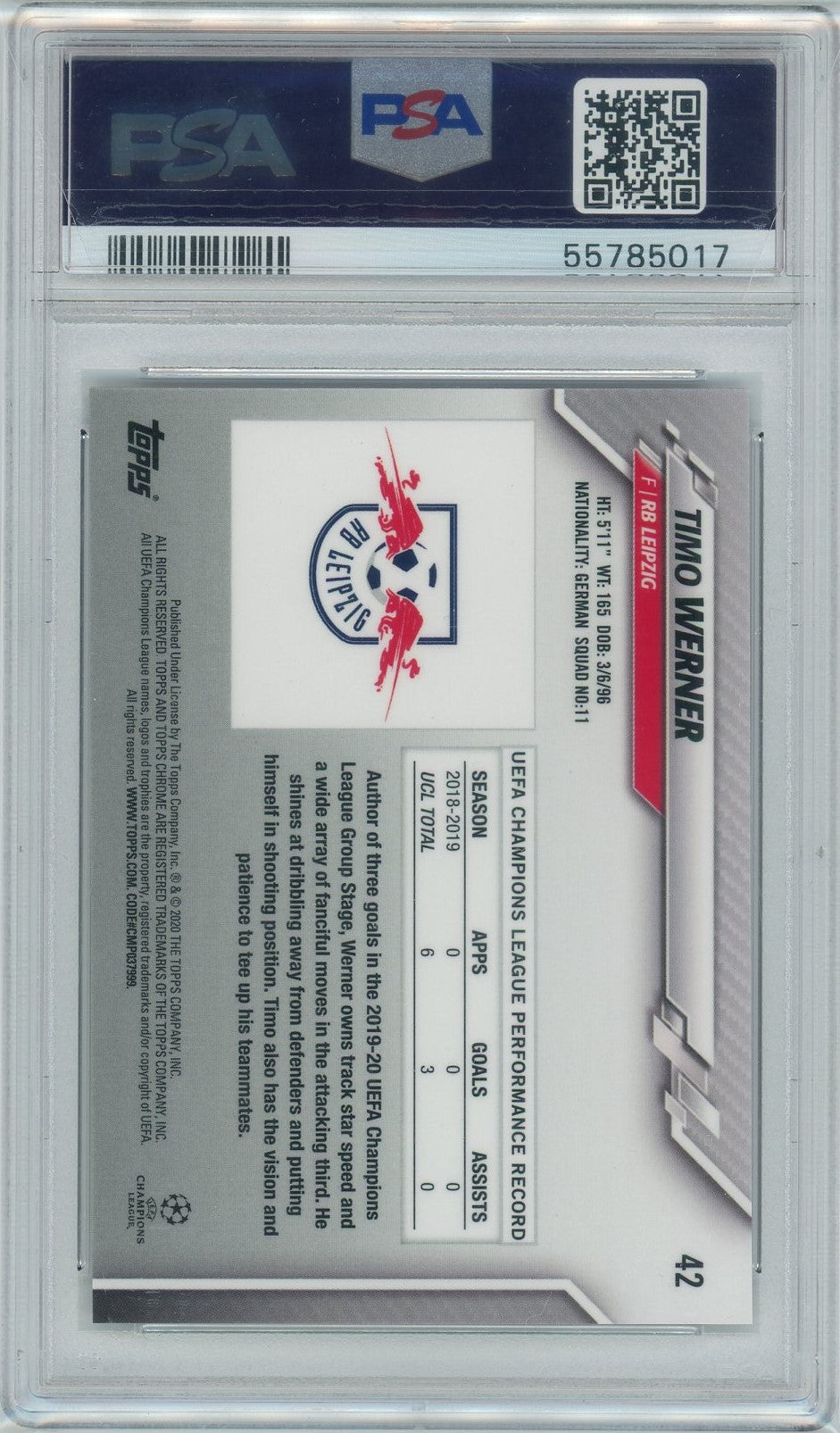 PSA 10 Timo Werner // 2019 Topps Chrome UCL // Speckle Refractor #42