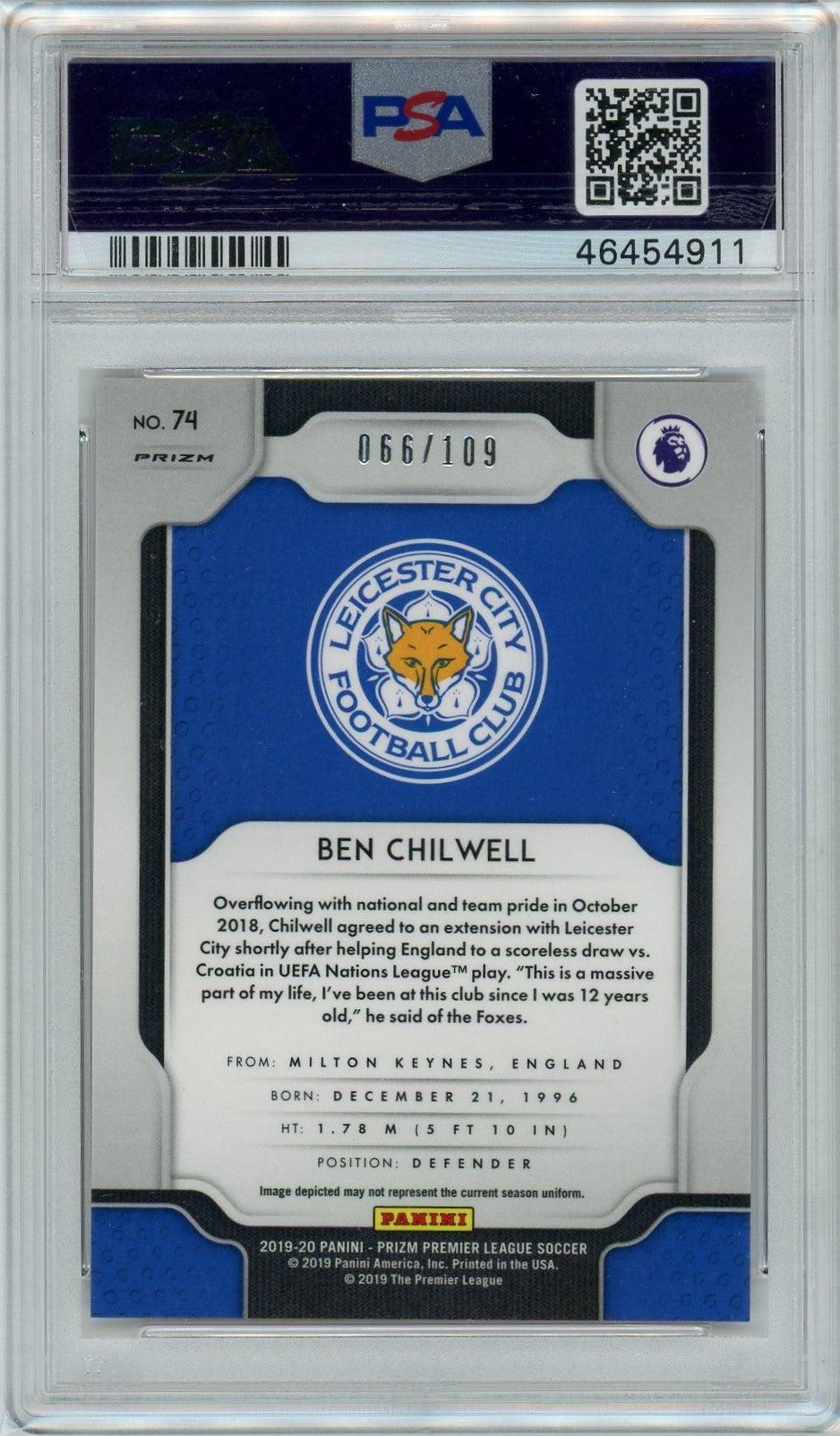 PSA 10 Ben Chilwell 66/109 // 2019 Panini Prizm P/L // Red Mosiac #74