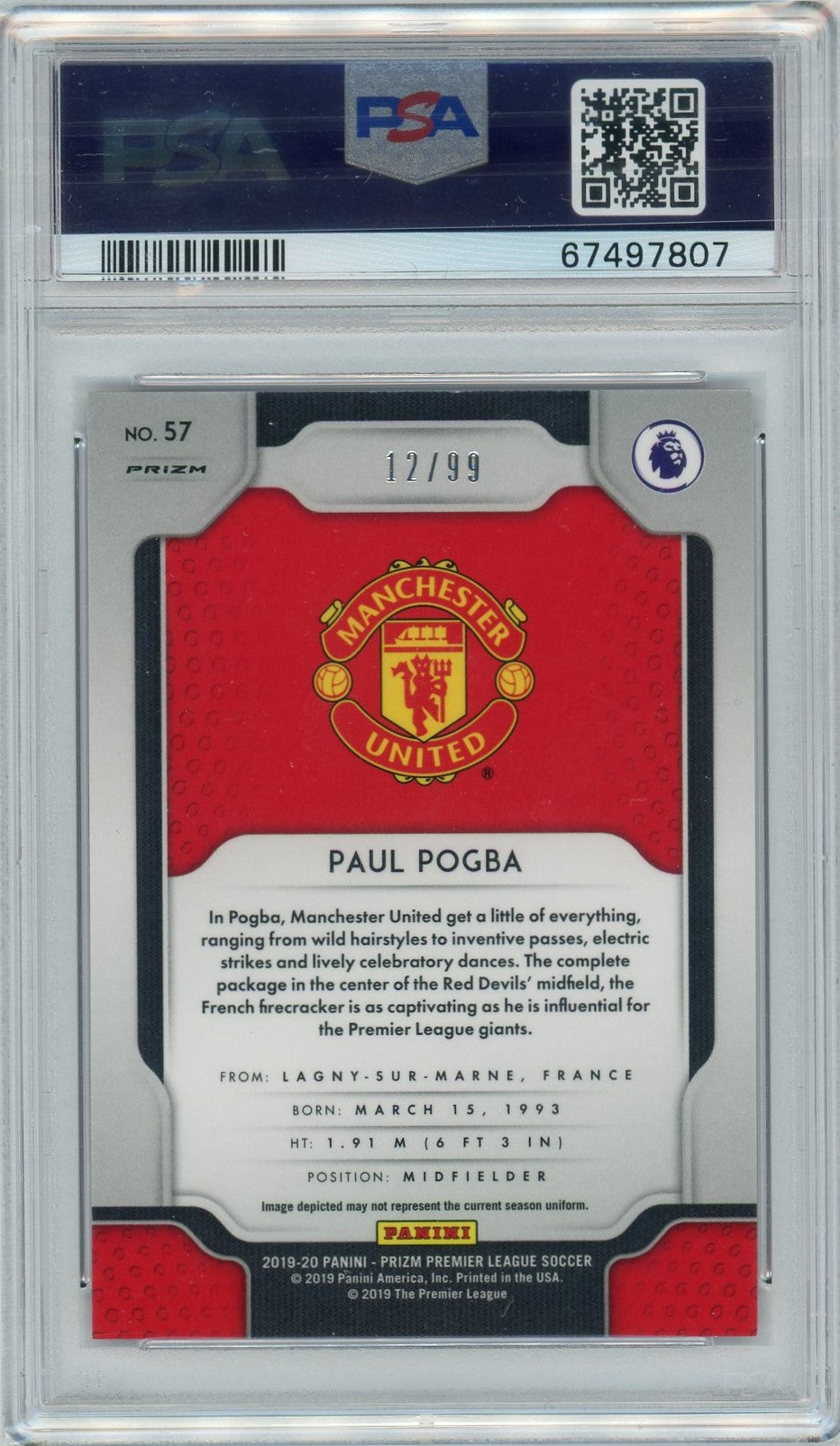PSA 9 Paul Pogba 12/99 // 2019 Panini Prizm P/L // Purple Prizm #57