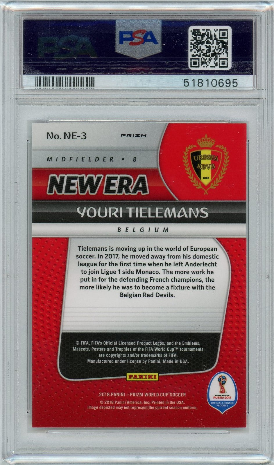 PSA 9 Youri Tielemans / 2018 Panini prizm W/C // New Era - Silver Prizm #NE-3