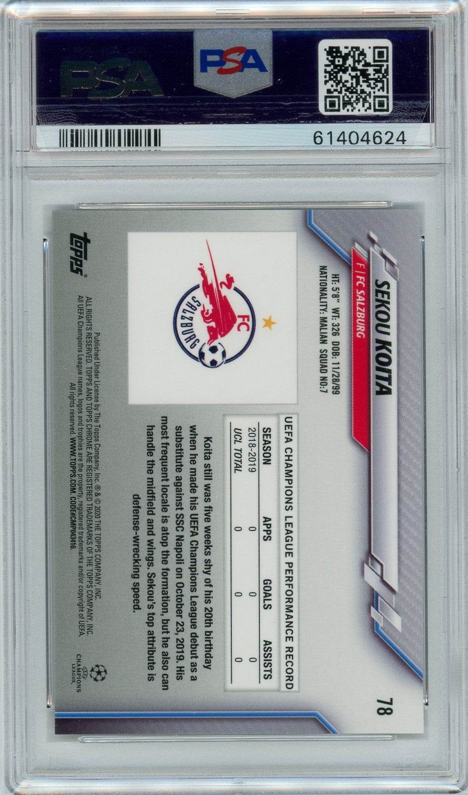 PSA 10 Sekou Koita // 2019-2020 Topps Chrome UCL// Sapphire Edition #78