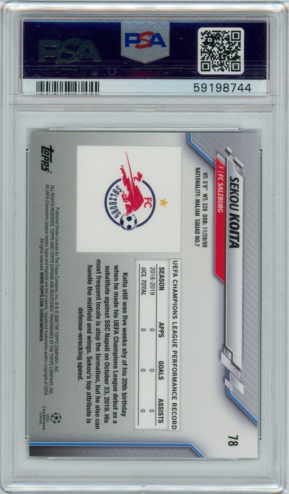 PSA 9 Sekou Koita // 2019-2020 Topps Chrome UCL// Sapphire Edition #78