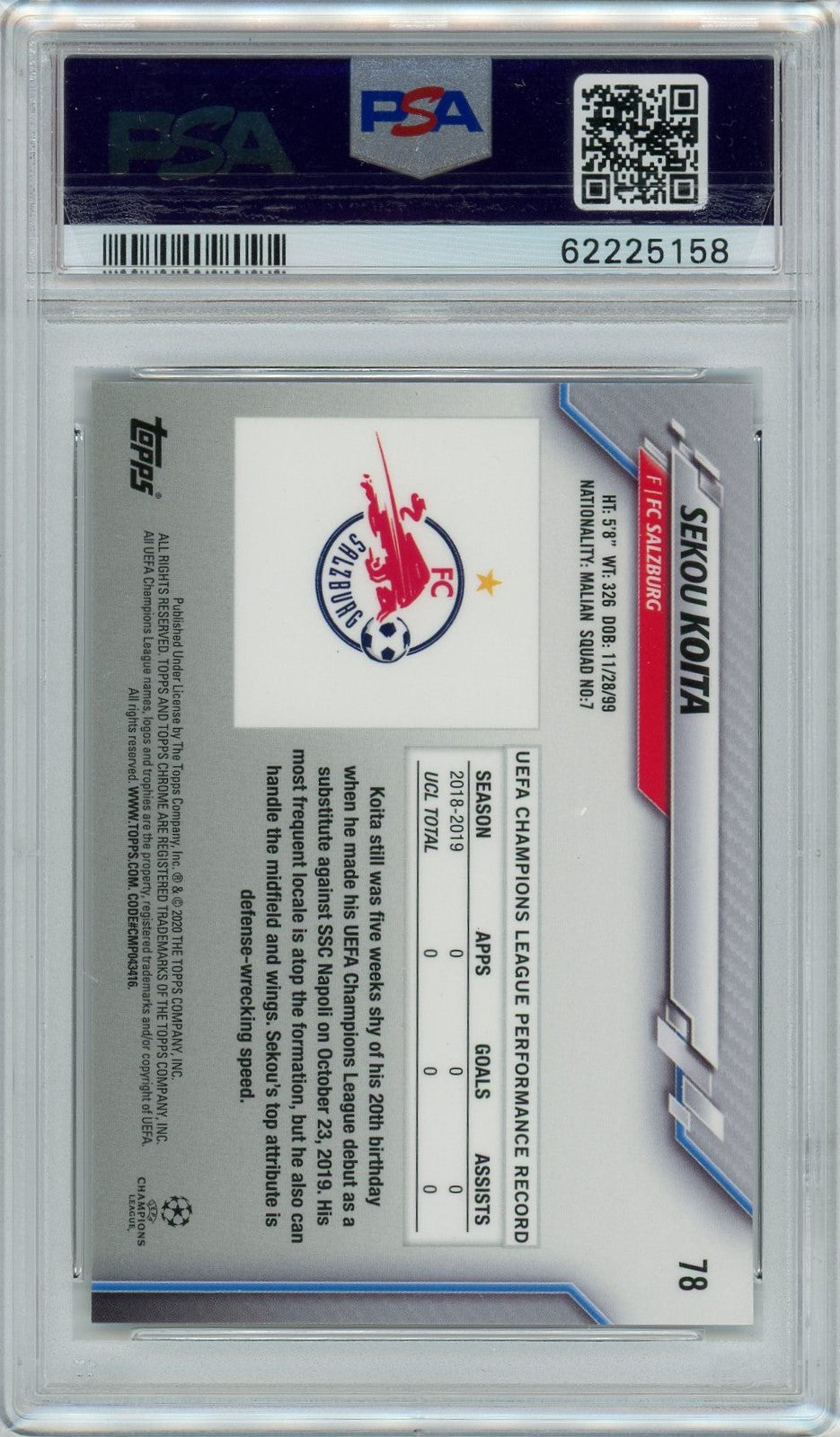 PSA 9 Sekou Koita // 2019-2020 Topps Chrome UCL // Sapphire Edition #78
