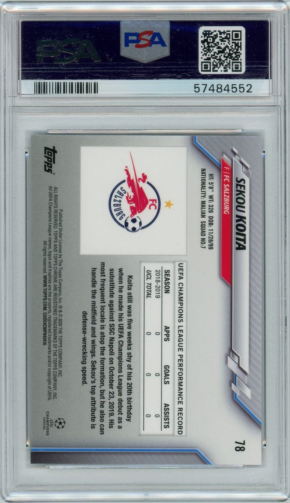 PSA 9 Mint Sekou Koita // 2019-2020 Topps Chrome UCL // Sapphire Edition #78