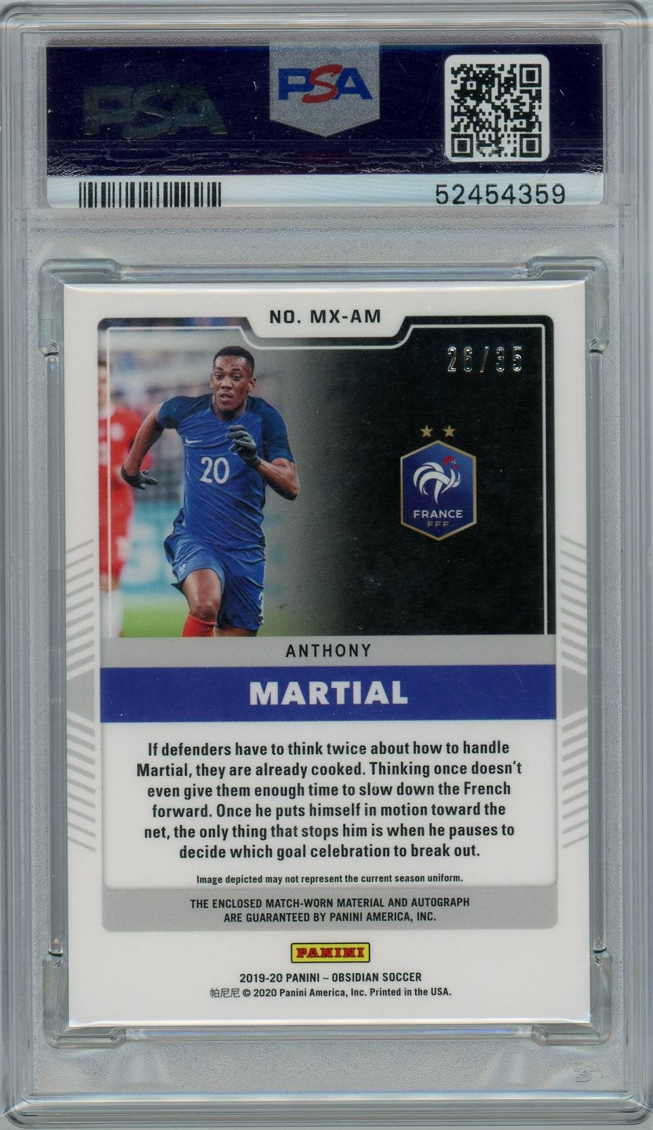 PSA 10 Anthony Martial Auto + Patch 26/35 // 2019 Panini Obsidian // France #MXAM
