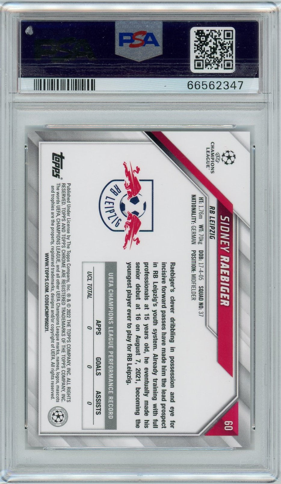 PSA 9 Sidney Raebiger // Speckle Refractor // 2021-2022 Topps Now UCL #60