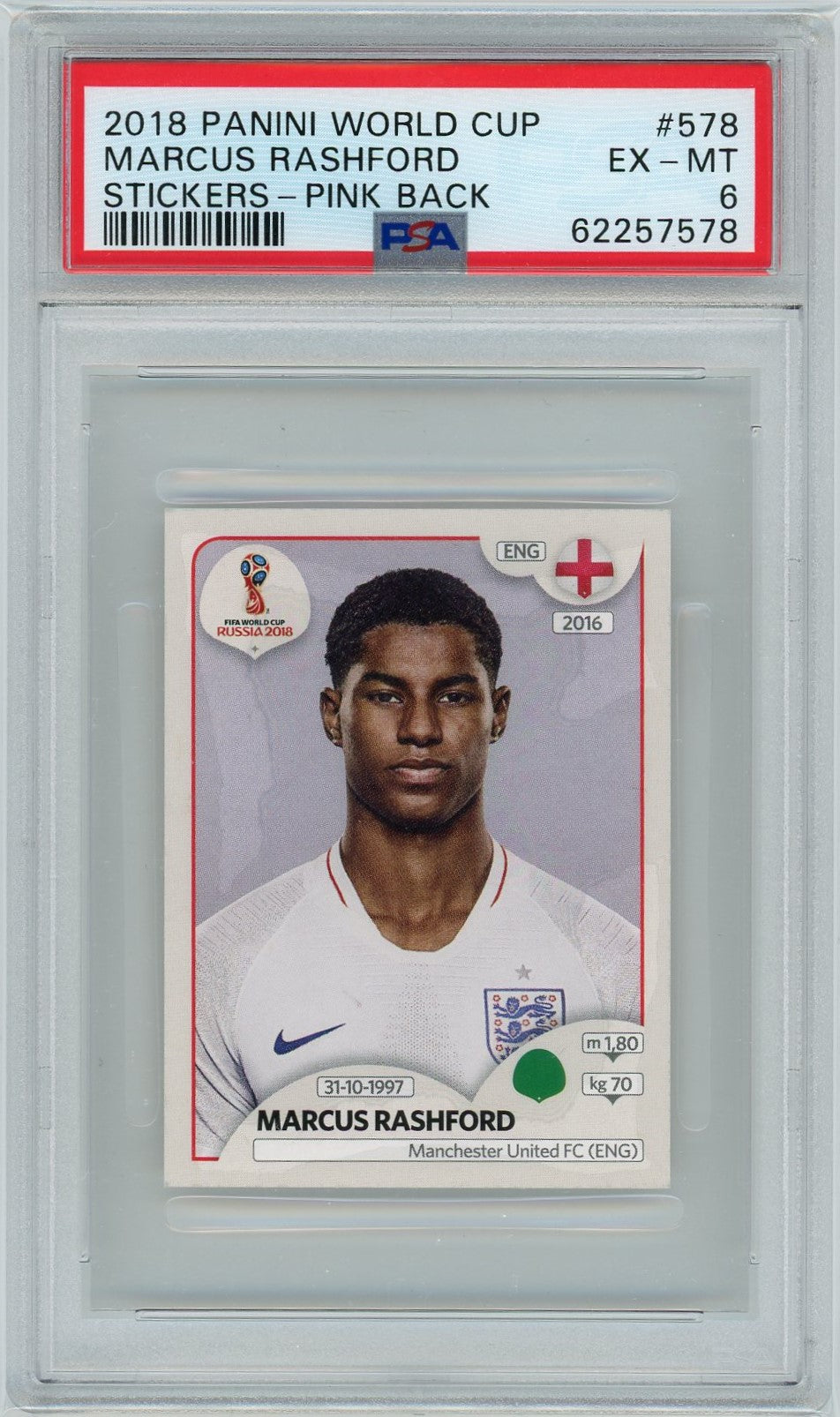 PSA 6 Marcus Rashford // 2018 Panini World Cup // Stickers - Pink Back #578