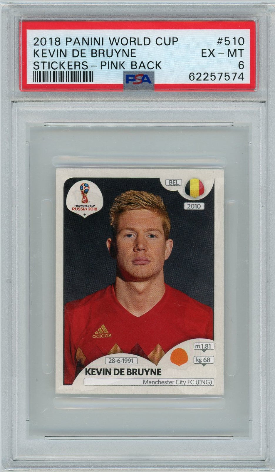 PSA 6 Kevin De Bruyne // 2018 Panini World Cup // Stickers Pink Back #510