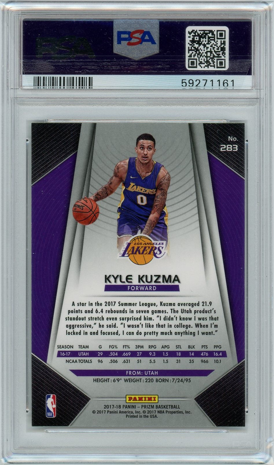 PSA 8 Kyle Kuzma base set Laker // 2017 Panini Prizm #283