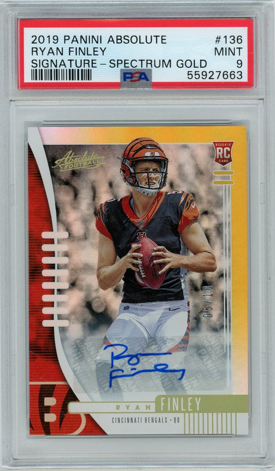 PSA 9 Ryan Finley // POP 1 // 06/10 Autograph - Signature Spectrum Gold // 2019 Panini Absolute