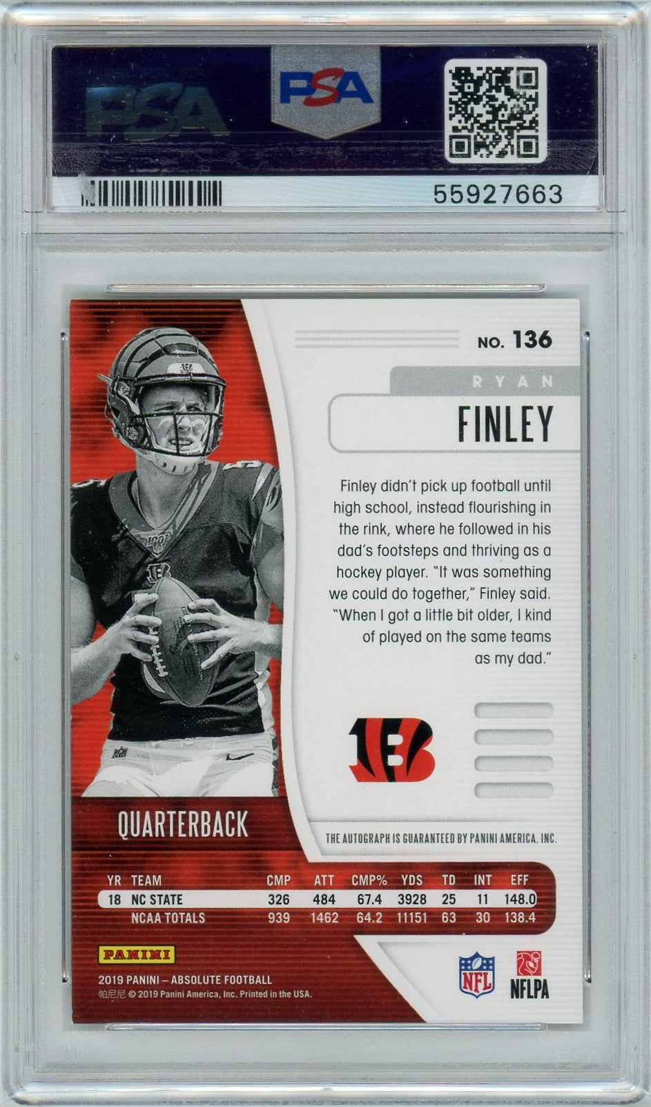 PSA 9 Ryan Finley // POP 1 // 06/10 Autograph - Signature Spectrum Gold // 2019 Panini Absolute