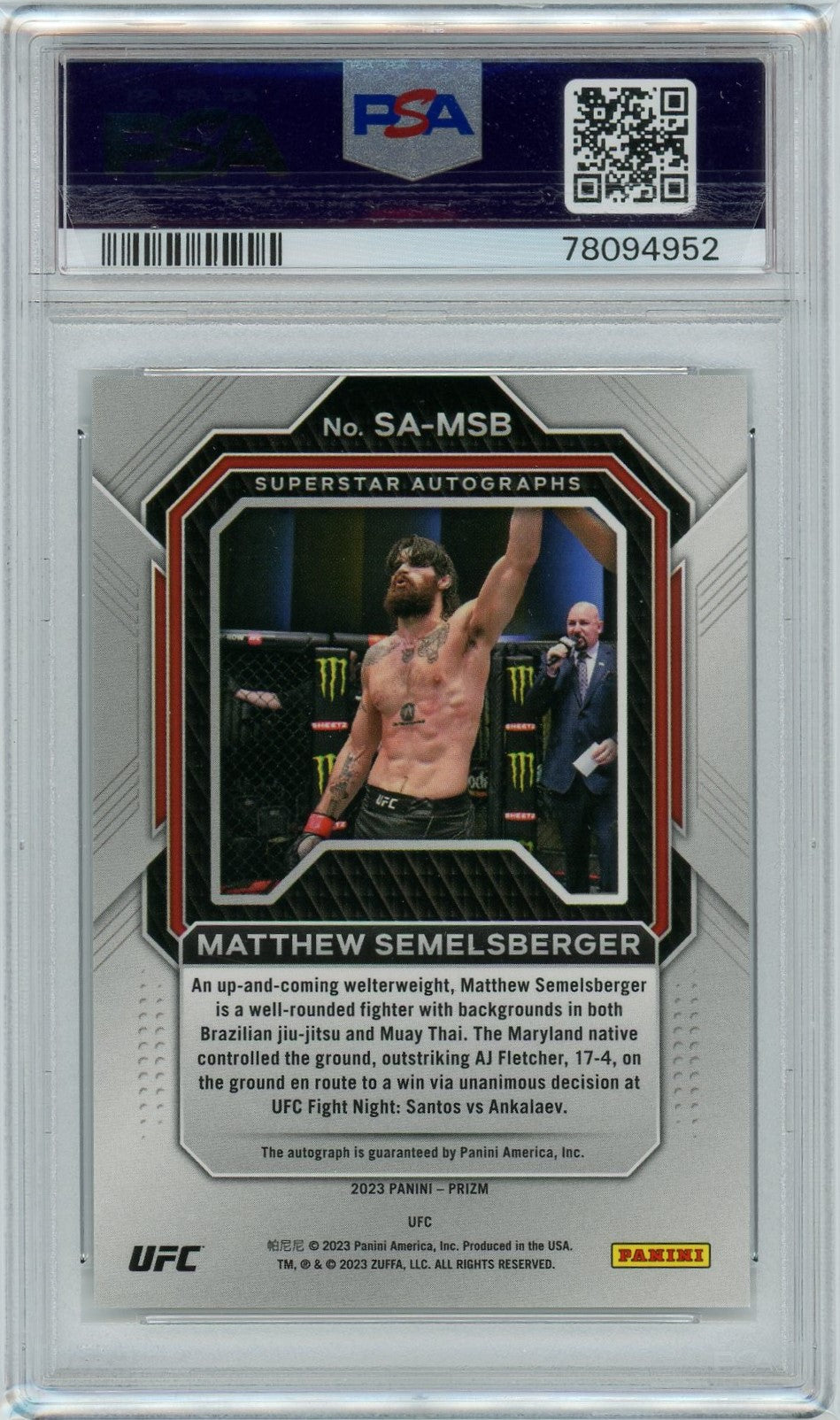 PSA 10 Gem Mint Matthew Semelsberger auto // POP 1 // 2023 Prizm UFC Welterweight Panini