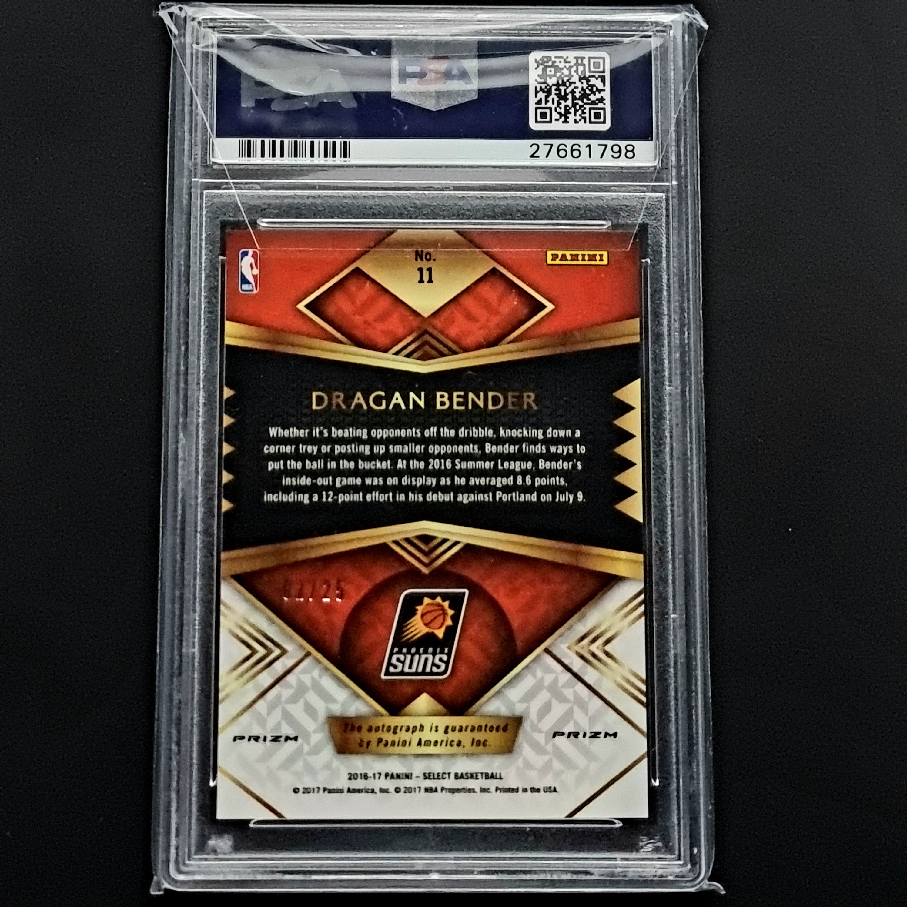 PSA 10 Dragan Bender // Rookie signature Tie Die Prizm (02/25) // 2016 Panini Select