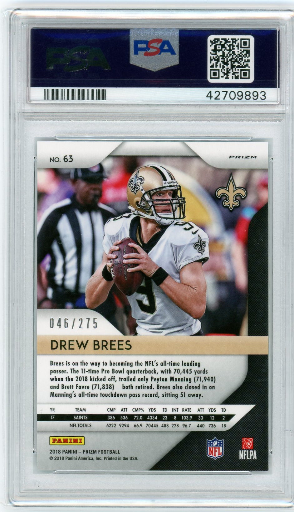 PSA 10 Drew Brees 46/275 // Green Crystals Prizm // 2018 Panini #63 POP 2