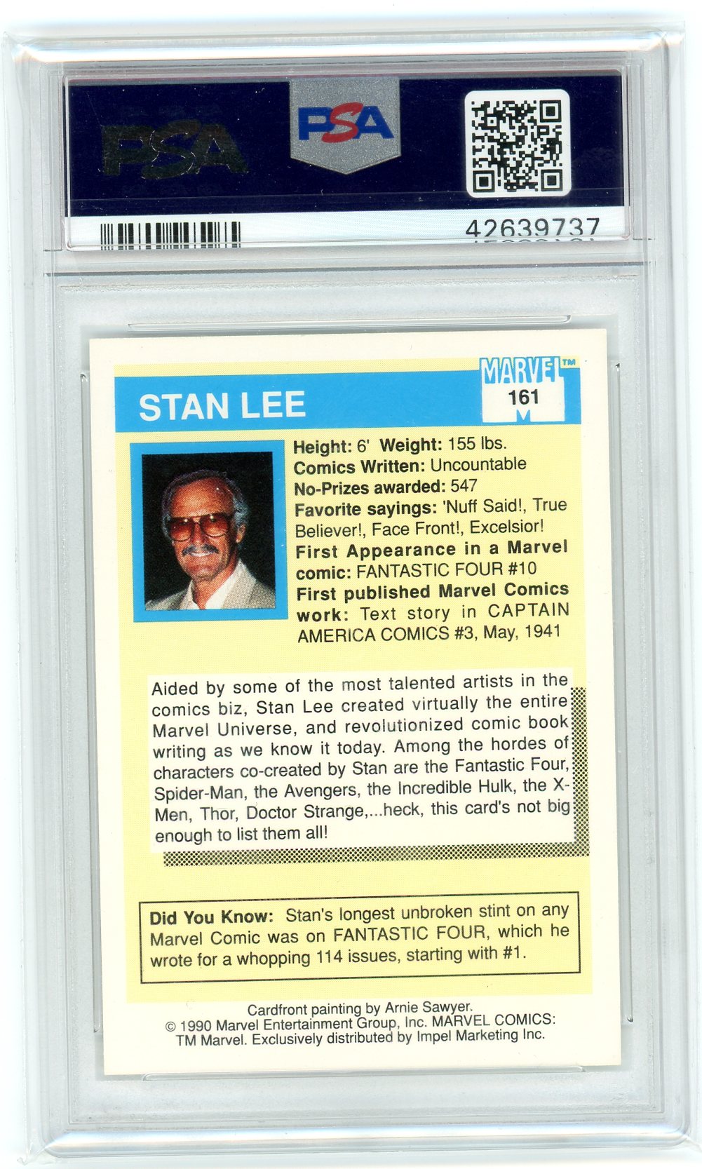 PSA 9 MR Marvel // Stan Lee // 1990 Marvel Universe #161