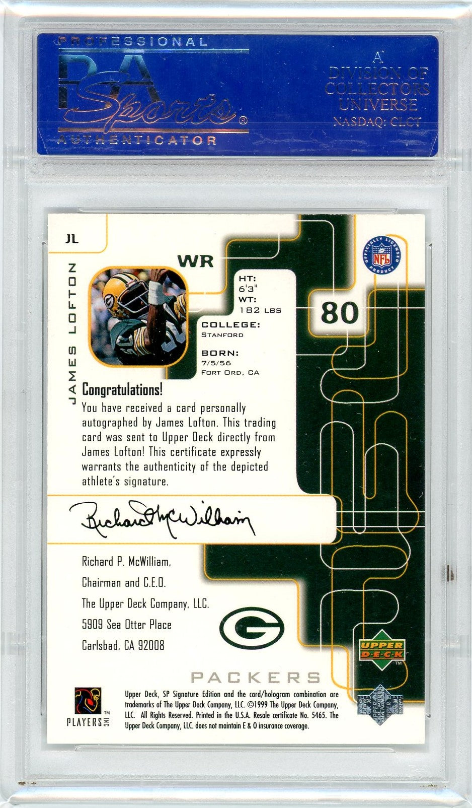 PSA 8 James Lofton signed on card // 1999 SP Signature / autograph