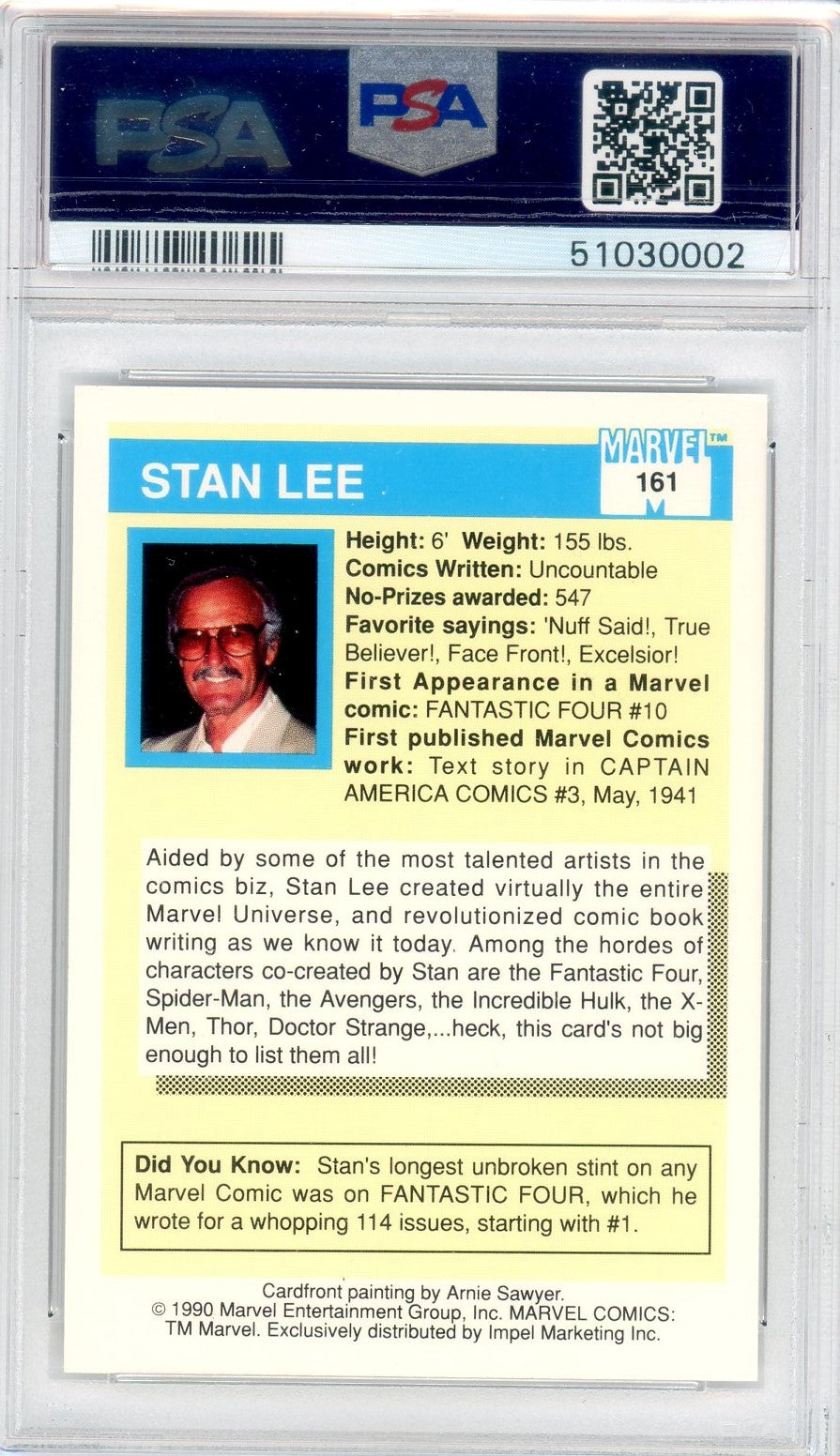 PSA 8 MR Marvel // Stan Lee // 1990 Marvel Universe #161