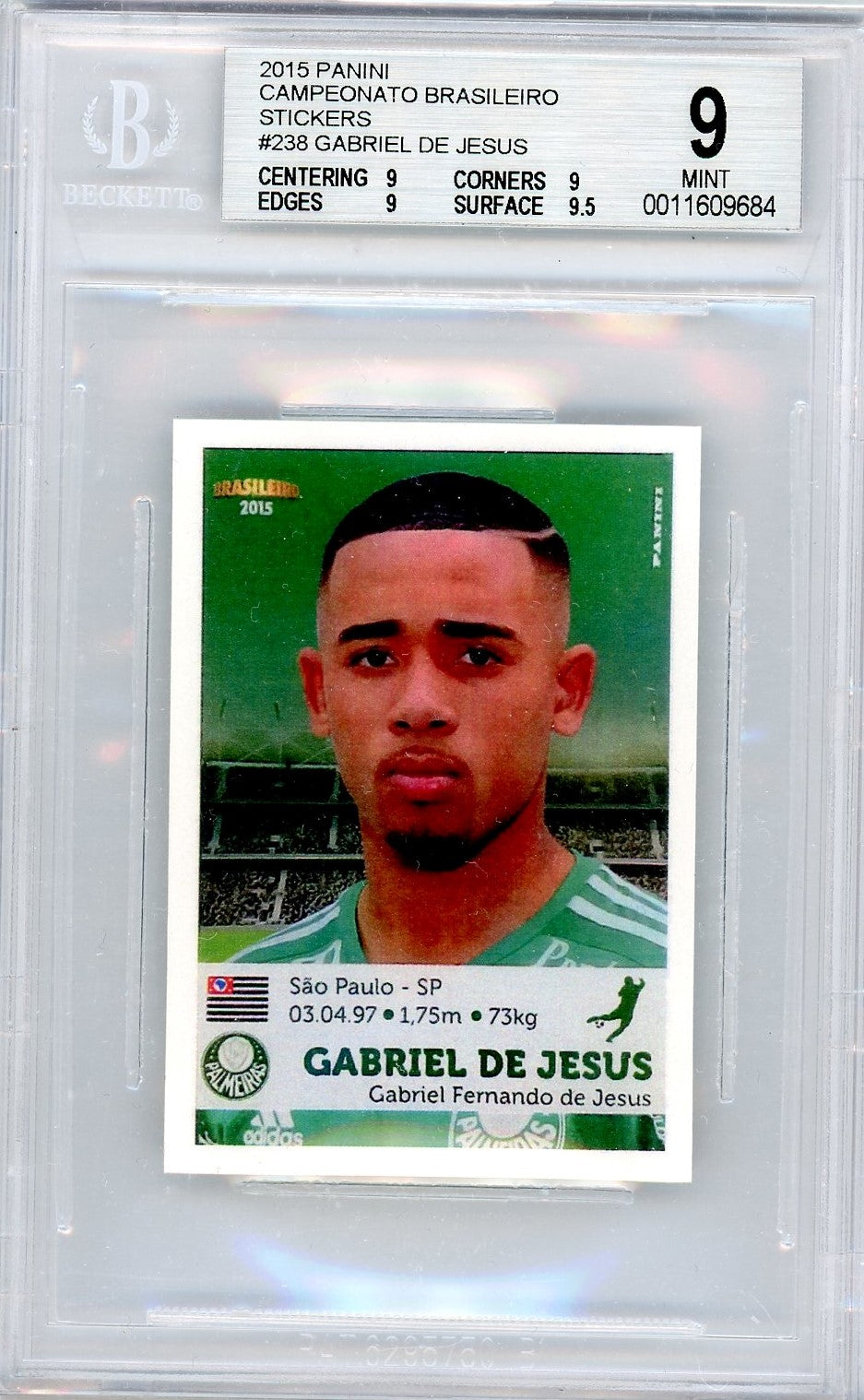 Beckett 9 Gabriel De Jesus // 2015 Panini Sticker // with subgrades