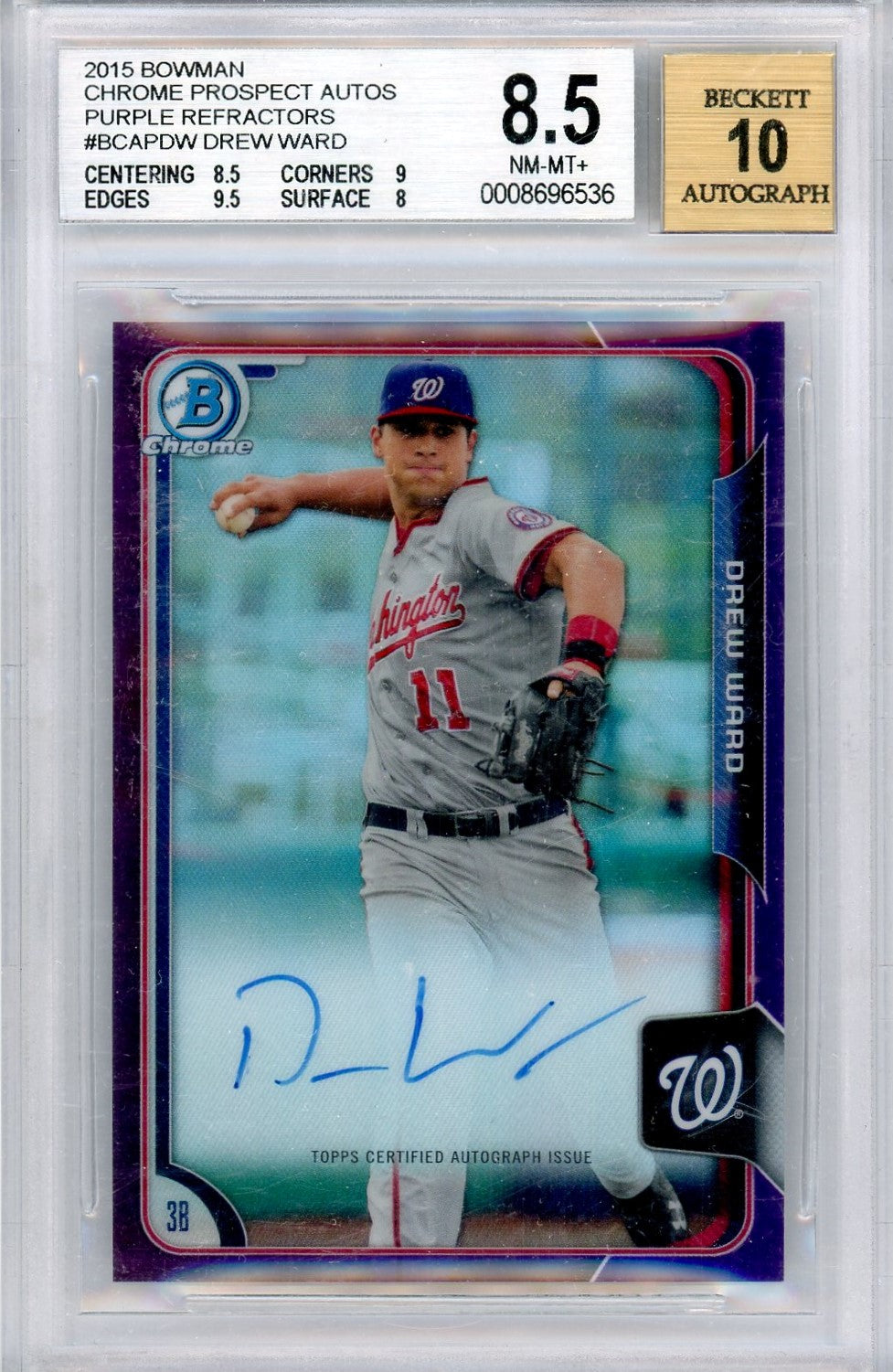 Beckett 8.5 Drew ward // signature card 10 // 2015 Bowman // Chrome prospect autos // Purple refractors