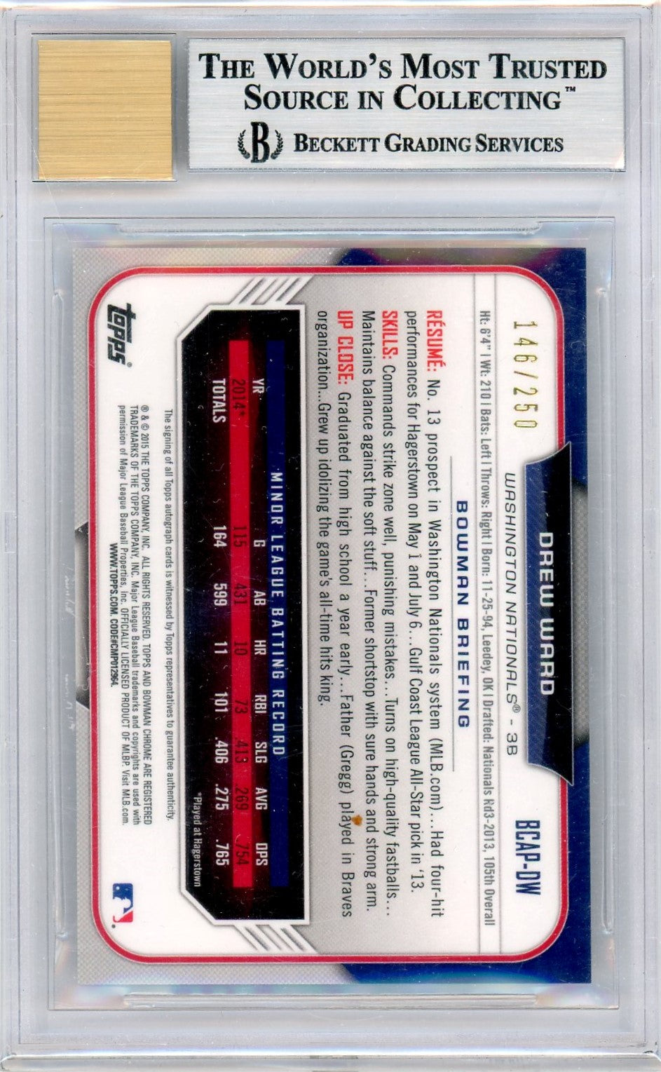 Beckett 8.5 Drew ward // signature card 10 // 2015 Bowman // Chrome prospect autos // Purple refractors