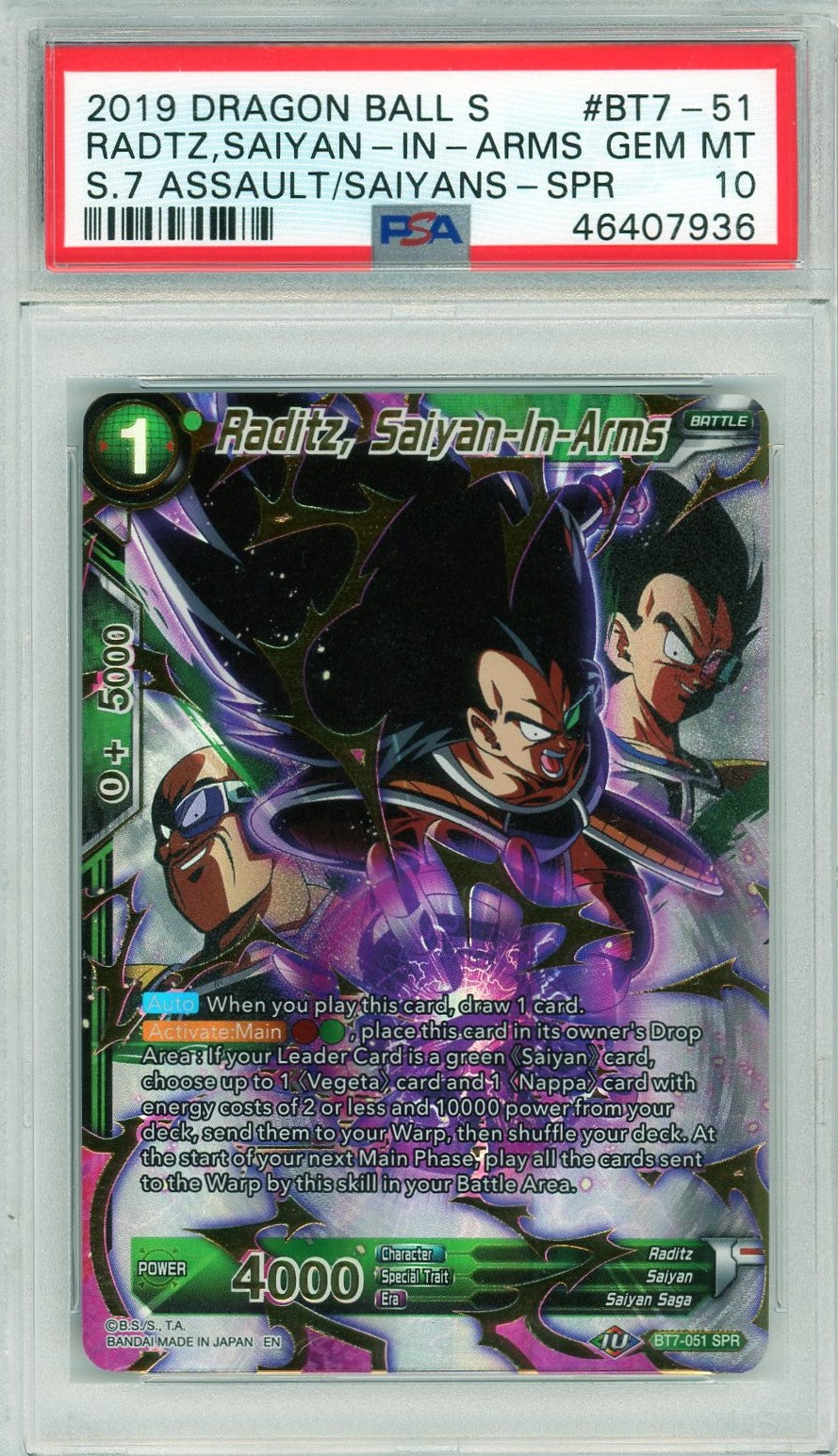 PSA 10 Raditz Saiyan in arms // 2019 Dragon Ball Super // Assault of the saiyans // SPR #BT7-51