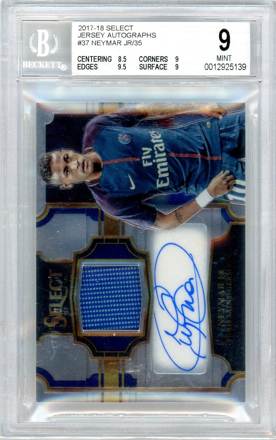 Beckett 9 Neymar Junior Signature 02/35 with subgrades // Jersey Autographs 2017-2018 Select #37