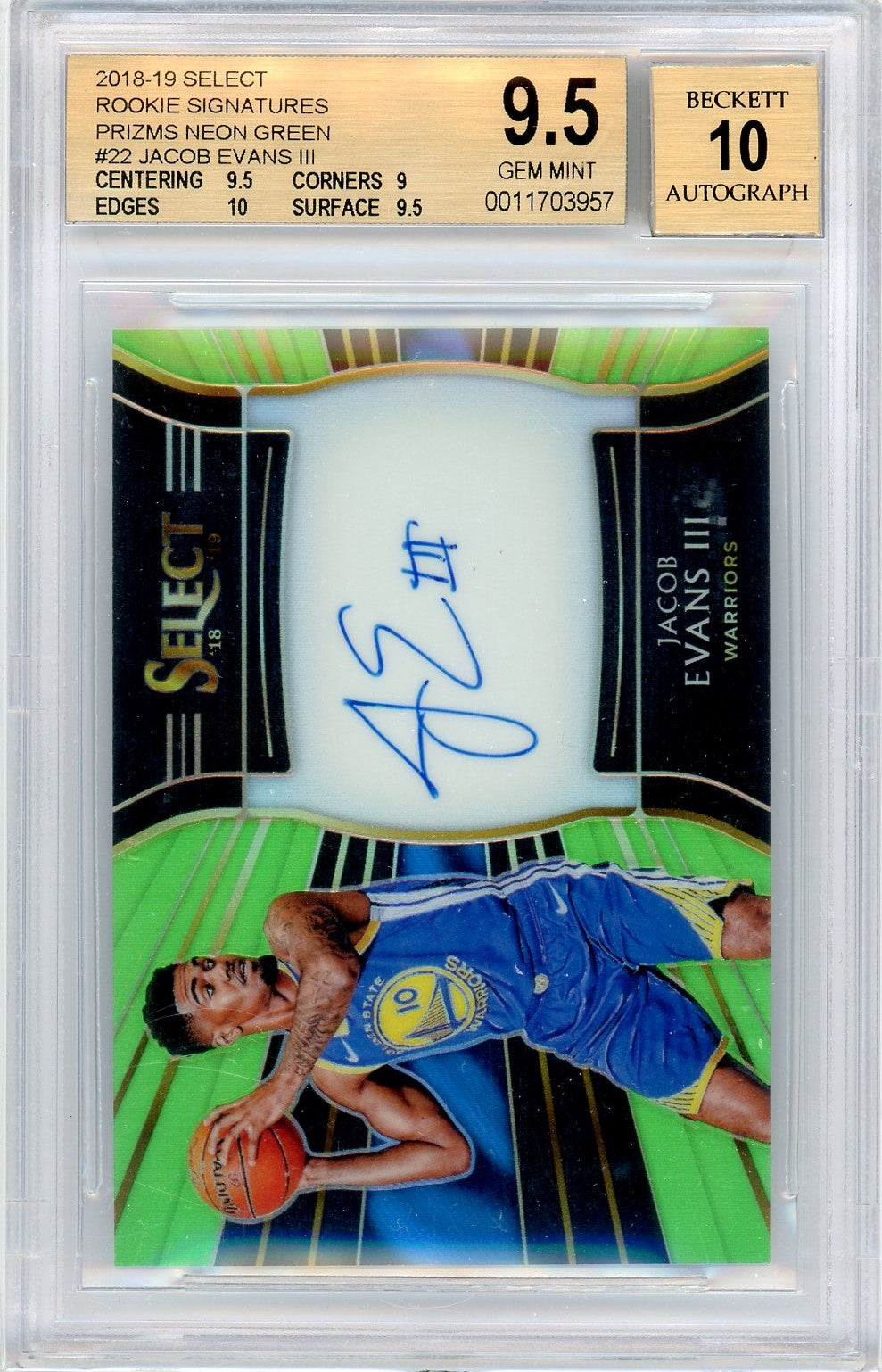 Beckett 9.5 with 10 autograph Jacob Evans III 43/99 with subgrades // 2018-2019 Select rookie signature // Prizms Neon green