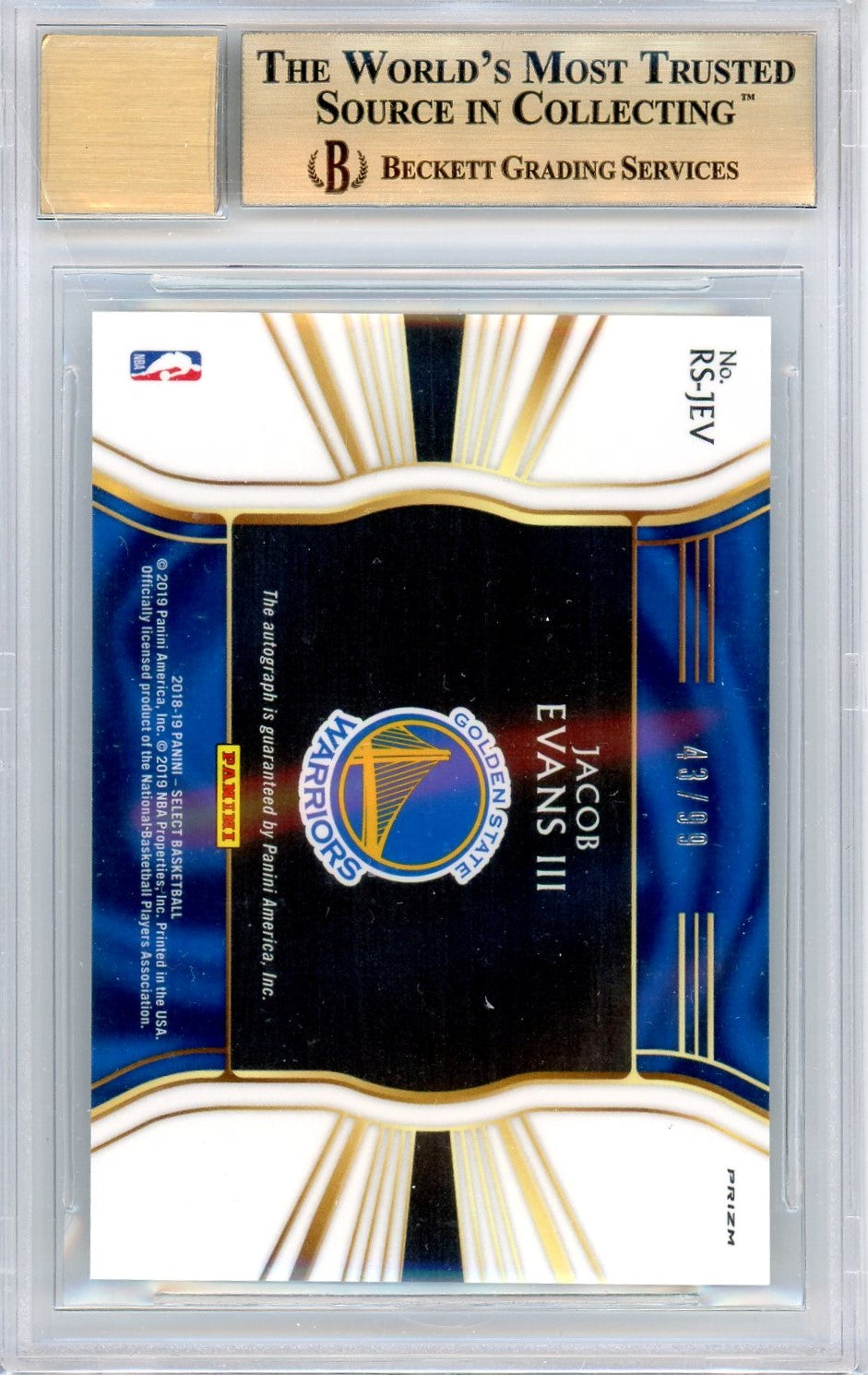 Beckett 9.5 with 10 autograph Jacob Evans III 43/99 with subgrades // 2018-2019 Select rookie signature // Prizms Neon green