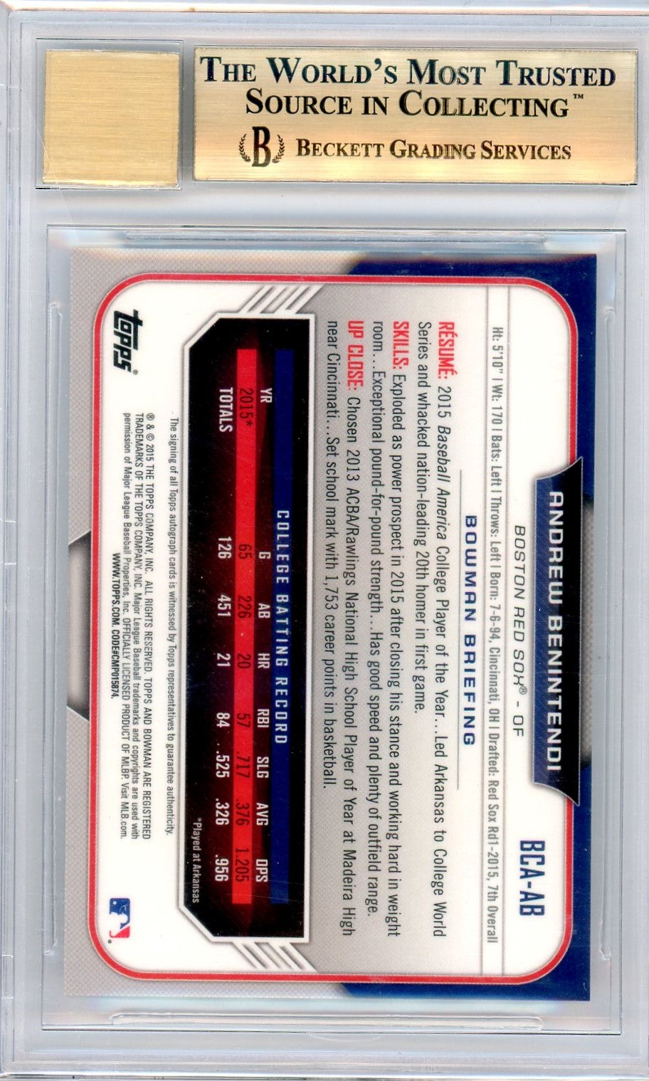 Beckett 9.5 with 10 autograph Andrew Benintendi // 2015 Bowman chroma draft signature // #BCAAB