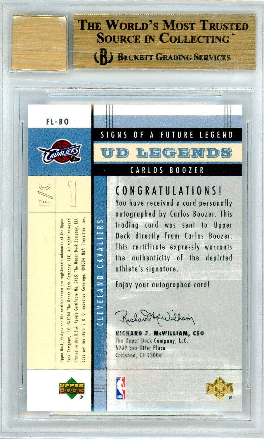 Beckett 9.5 with 10 autograph Carlos Boozer with subgrades// 2003-2004 upper deck legends // signs of a future legend // #BCAAB