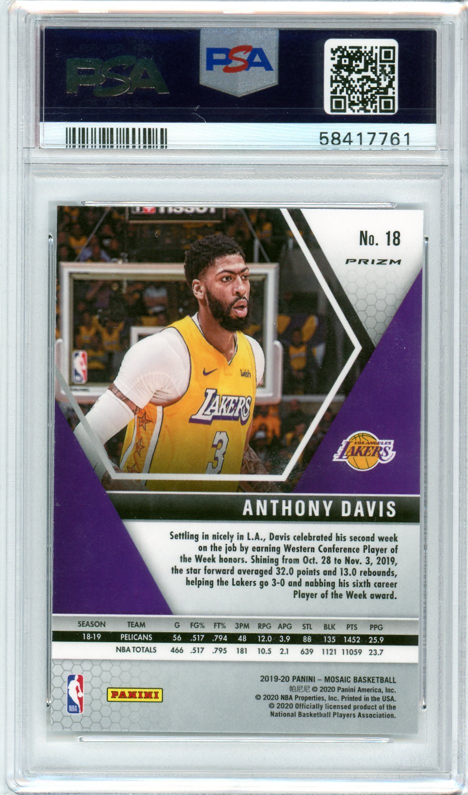 PSA 10 Anthony Davis // 2019 Panini Mosaic #18 // LA Lakers