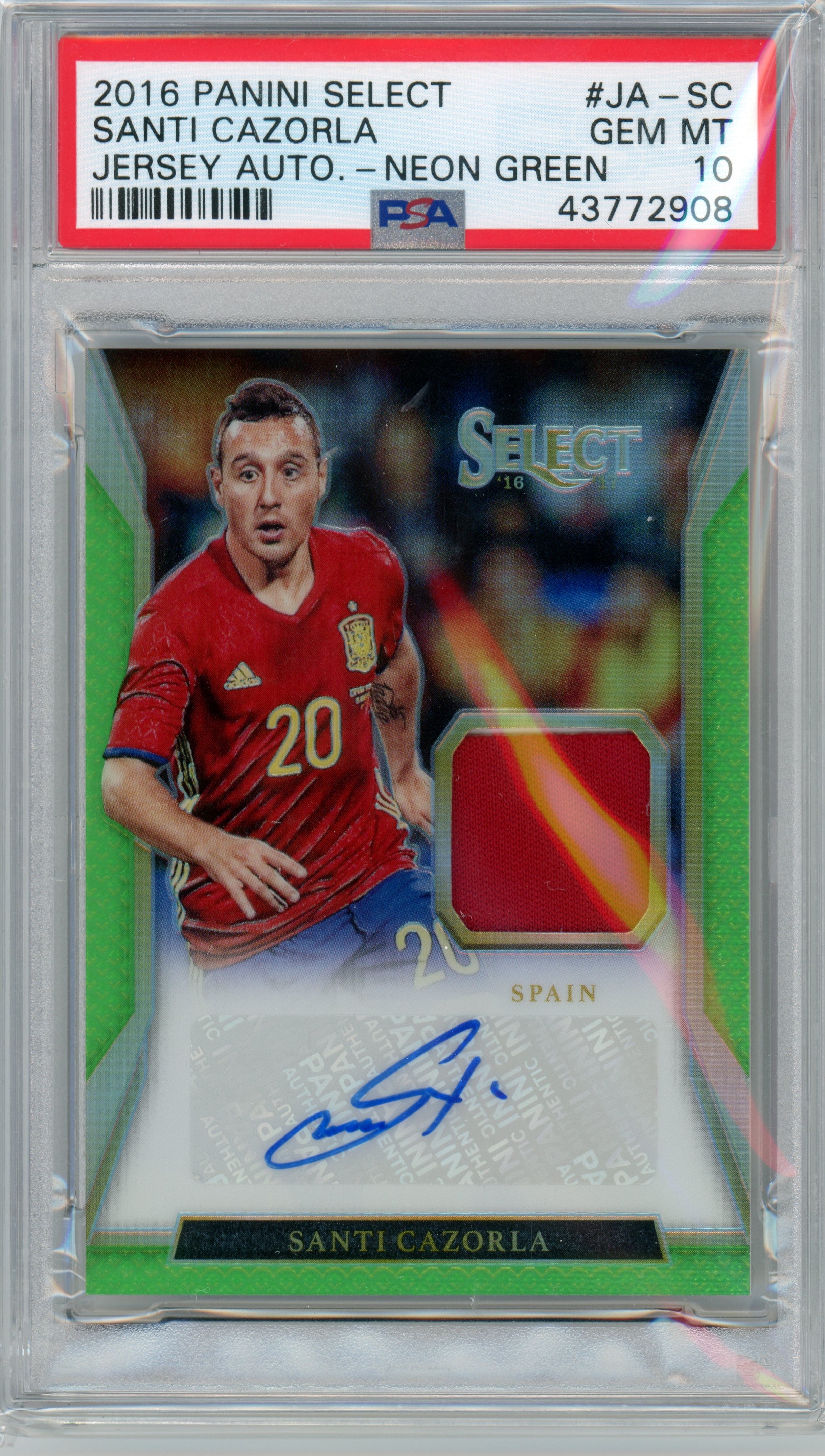 PSA 10 Gem Mint Santi Cazorla Patch Auto // POP 2 // 2016 Panini Select // Jersey Auto - Neon Green #JA-SC