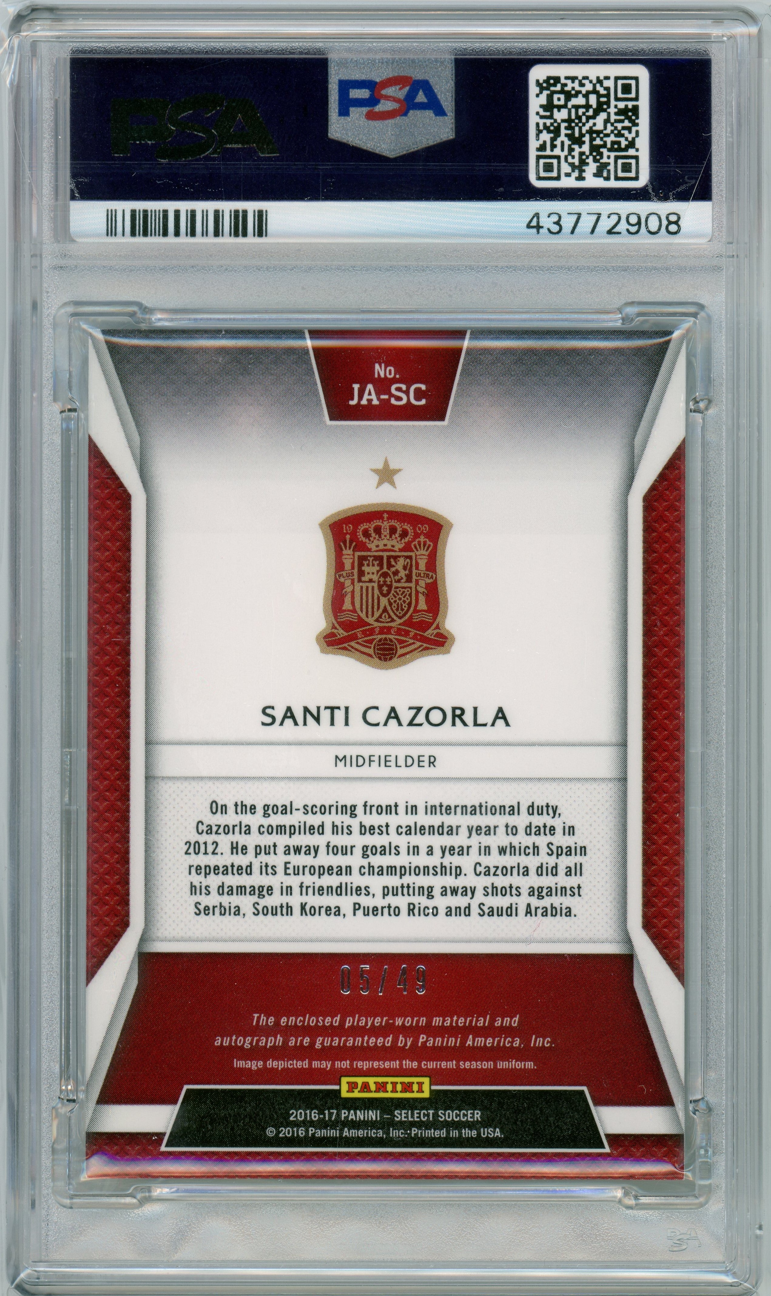 PSA 10 Gem Mint Santi Cazorla Patch Auto // POP 2 // 2016 Panini Select // Jersey Auto - Neon Green #JA-SC