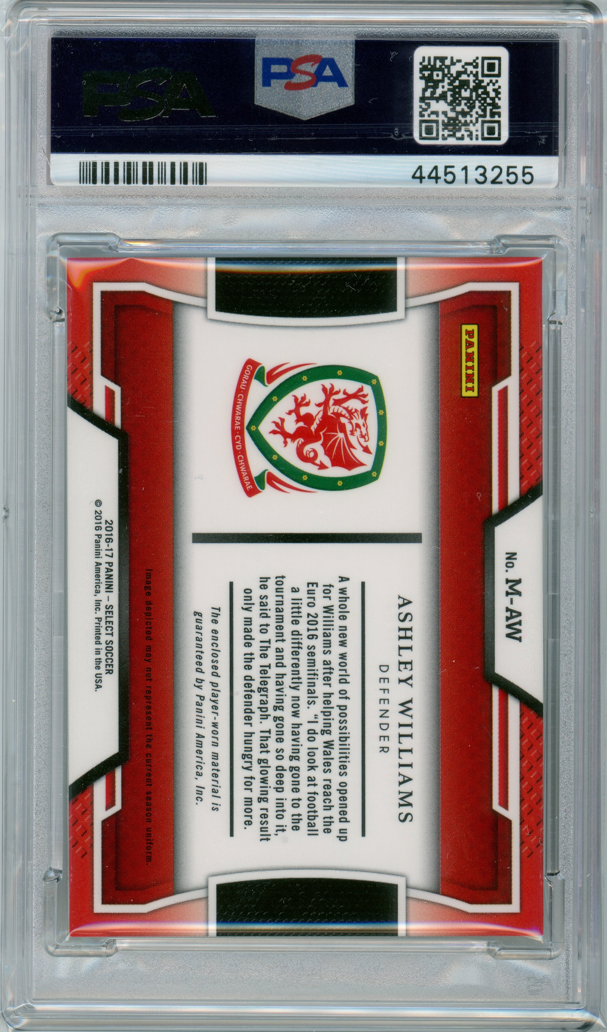PSA 10 Gem Mint Ashley Williams Patch // 2016 Panini Select Memorabilia #MAW