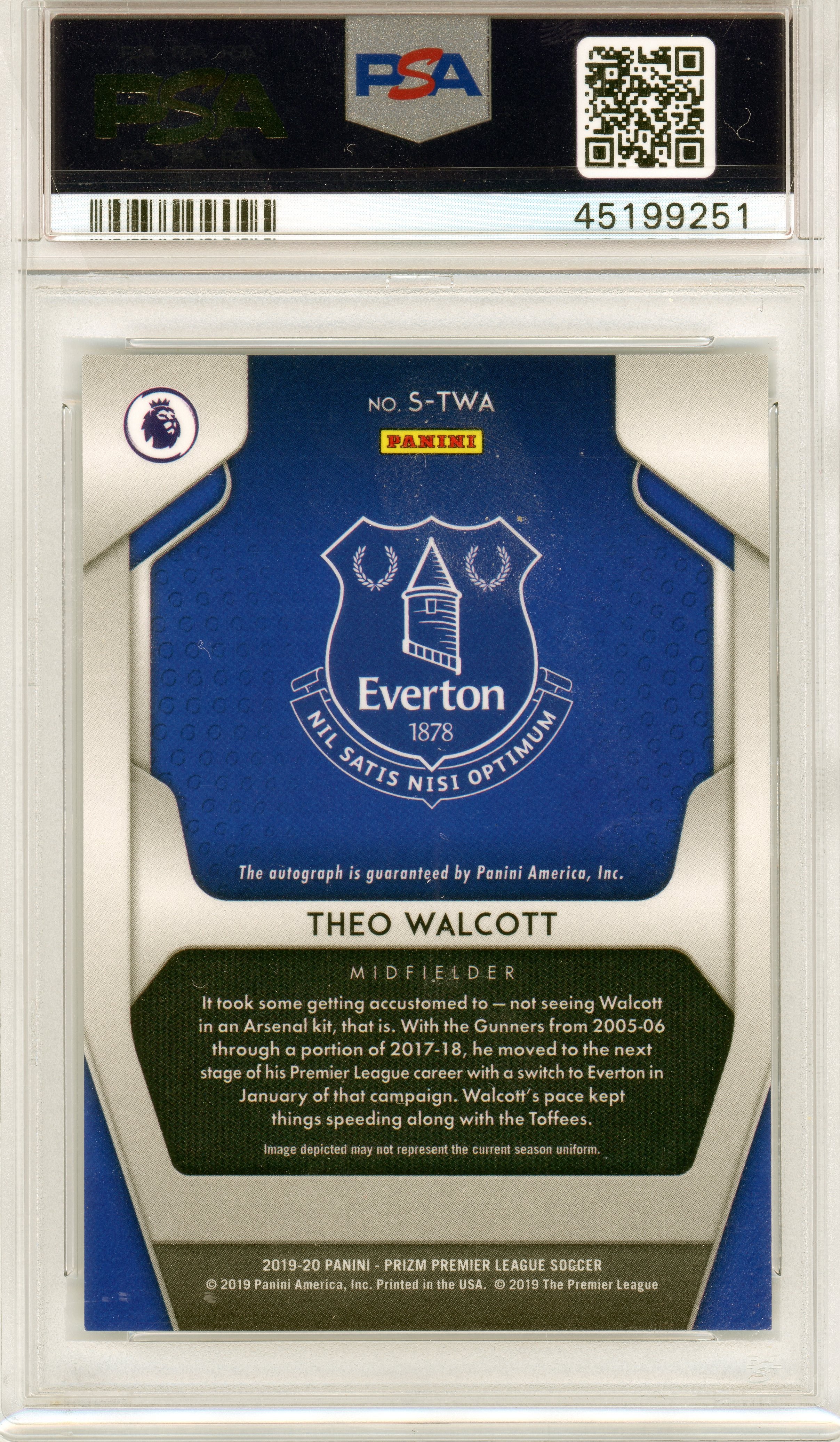 PSA 10 Gem Mint Theo Walcott Auto // POP 1 // 2019 Panini Prizm Premier League // Autographs #S-TWA