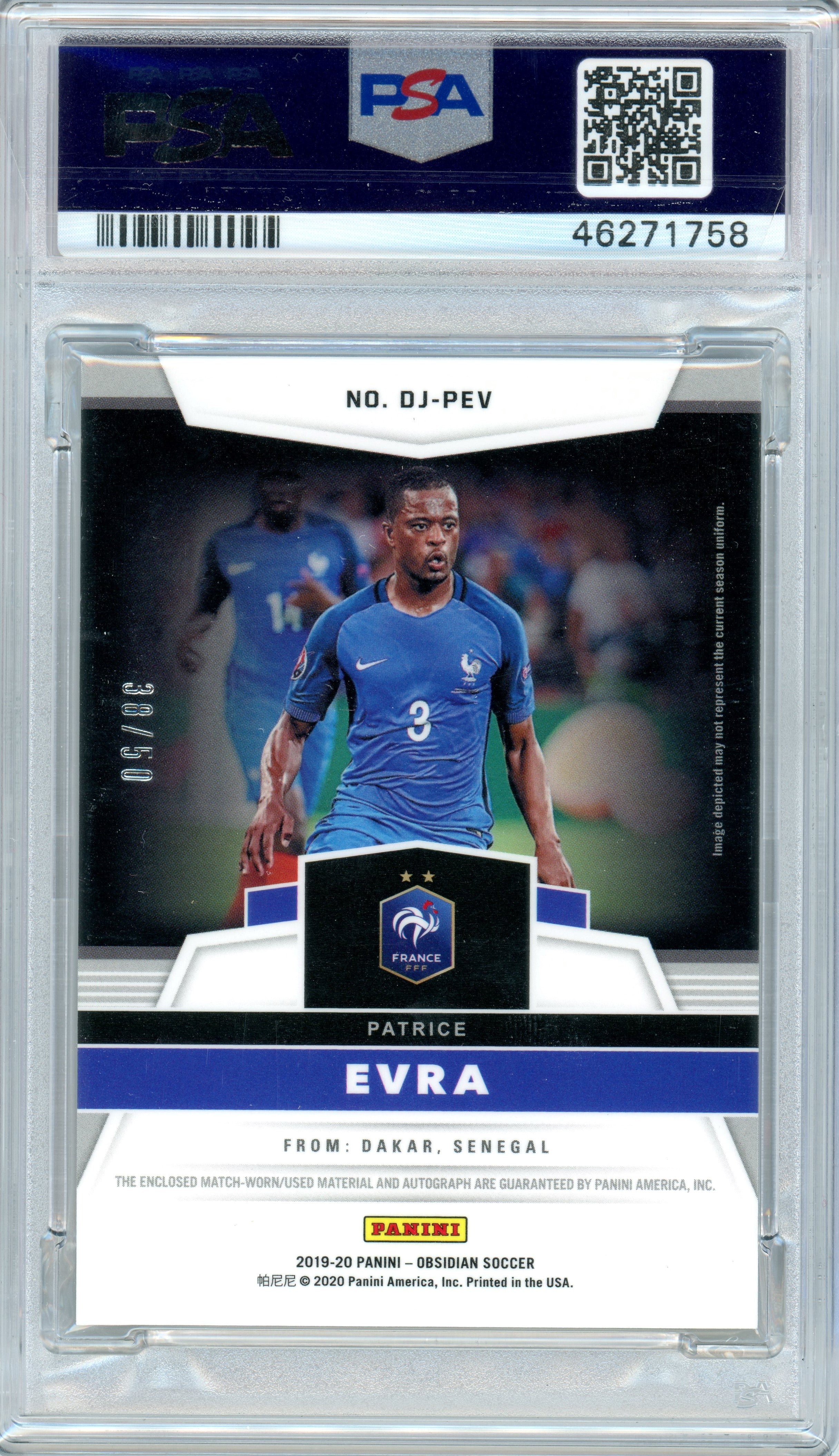PSA 10 Gem Mint Patrice Evra Patch Auto // POP 1 // 2019 Panini Obsidian // #DJPEV