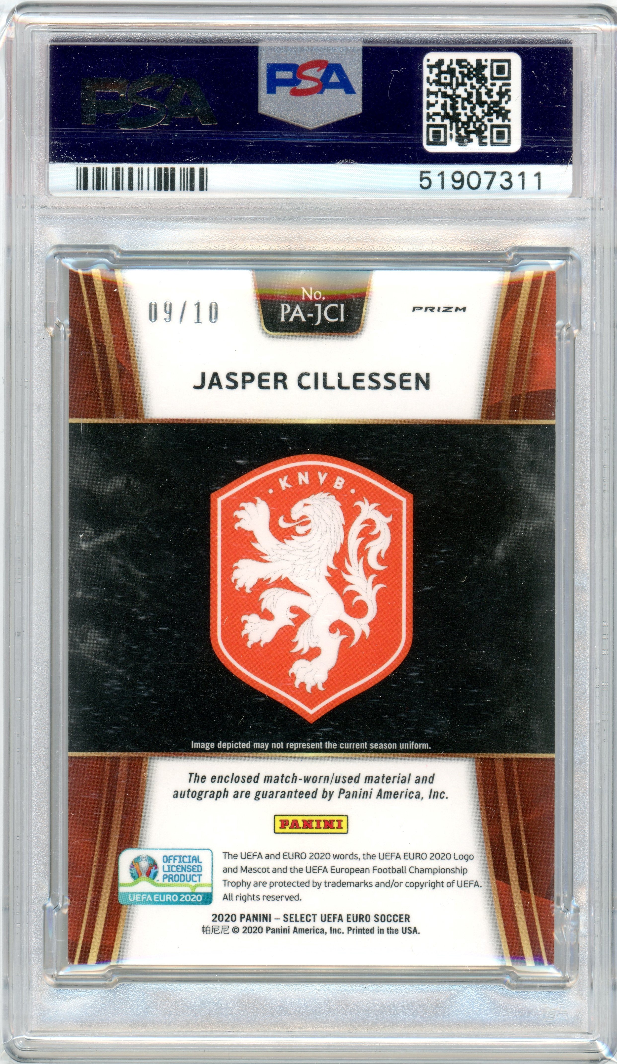 PSA 10 Gem Mint Jasper Cillessen Patch Auto // POP 1 - 09/10 // 2020 Select Uefa Euro // Gold prizm #PAJCI